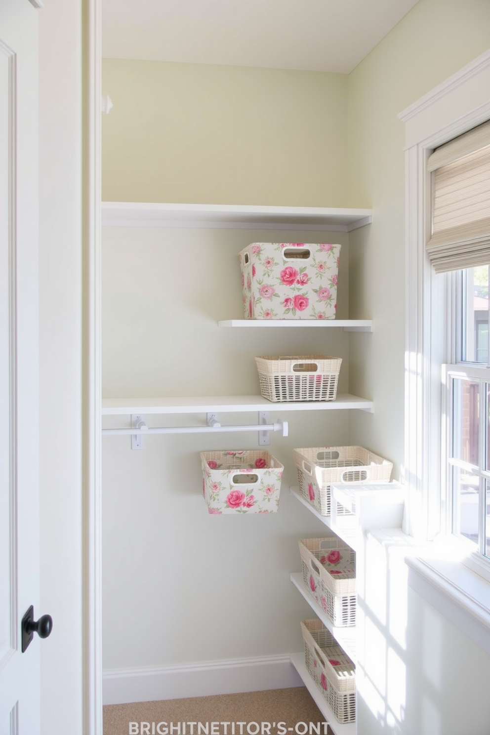 A bright and airy closet space features open shelving adorned with floral storage baskets for organization. The walls are painted in a soft pastel hue, and a large window allows natural light to fill the room, enhancing the cheerful atmosphere.