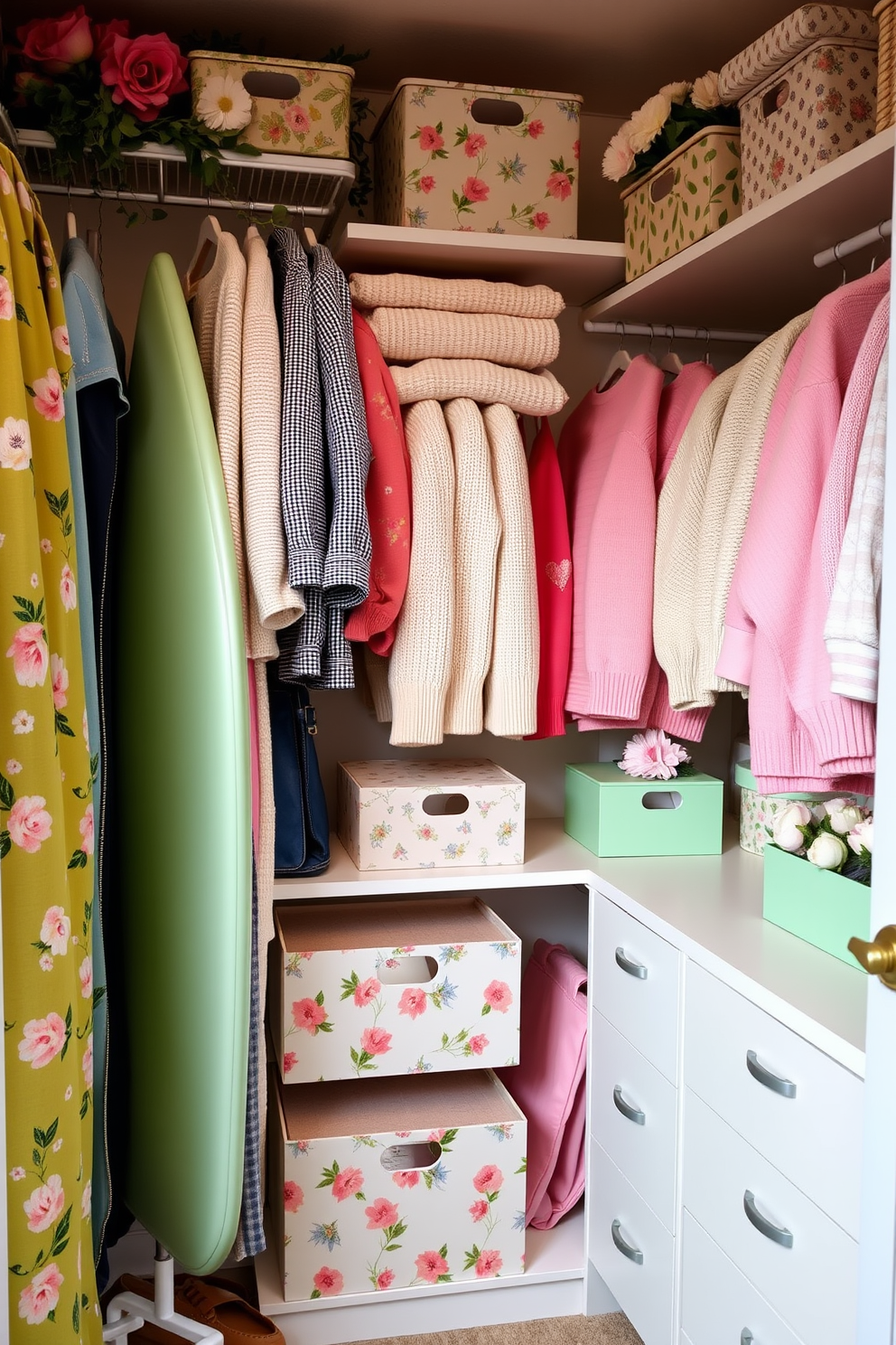 A bright and organized spring closet filled with vibrant colors and floral patterns. The space features a foldable ironing board neatly tucked away, maximizing functionality while maintaining a fresh aesthetic. Shelves are adorned with neatly folded pastel sweaters and seasonal accessories, creating an inviting atmosphere. Soft lighting illuminates the closet, enhancing the cheerful spring theme with touches of greenery and decorative storage boxes.