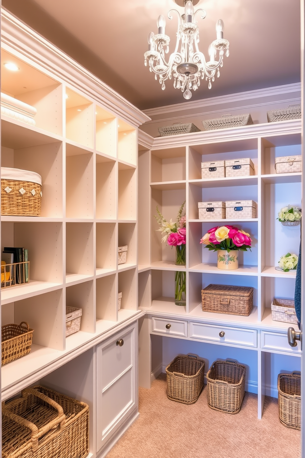 A stylish spring closet featuring elegant shelving and organized compartments. Soft pastel colors adorn the walls, creating a fresh and inviting atmosphere. The closet is illuminated by a small chandelier that adds a touch of glamour. Decorative baskets and vibrant floral arrangements enhance the overall spring theme.