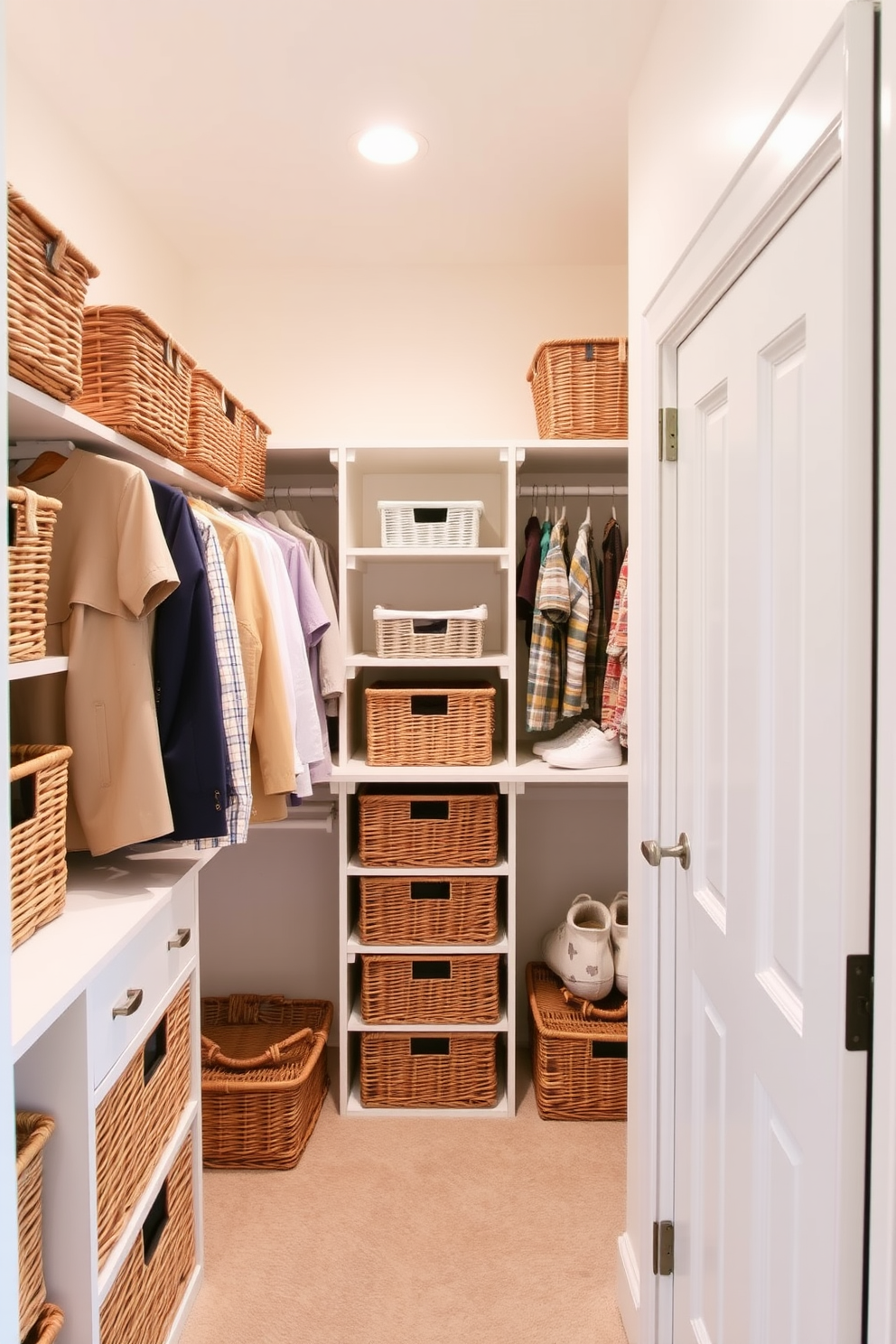 A bright and airy closet space filled with wicker baskets for storage, adding a natural touch to the design. The walls are painted in a soft pastel color, creating a fresh and inviting atmosphere for organizing seasonal clothing. Soft lighting illuminates the closet, highlighting neatly arranged shelves and hanging rods. A large mirror reflects the cheerful ambiance, making it a perfect space for spring closet decorating ideas.