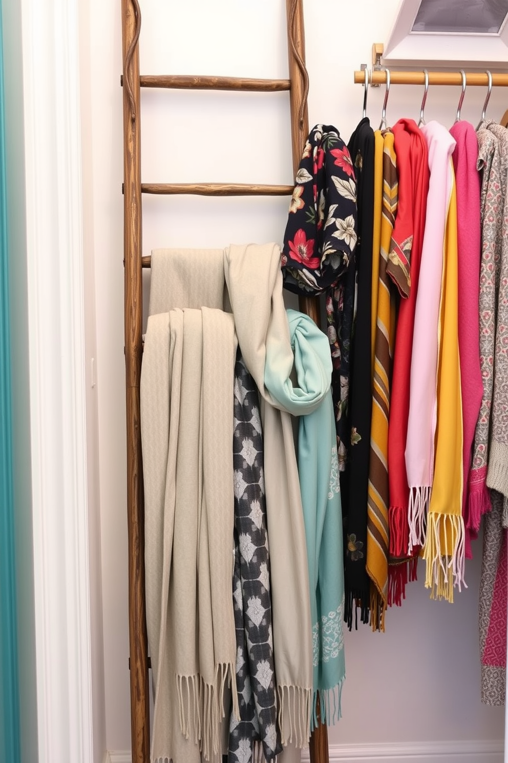 A stylish spring closet featuring a decorative ladder leaning against the wall. The ladder is adorned with an array of colorful scarves elegantly draped over the rungs, creating a vibrant and inviting display.