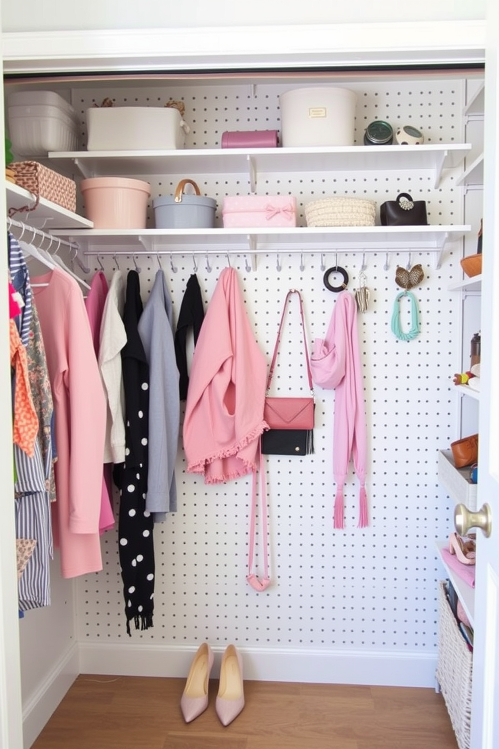 A bright and airy spring closet featuring decorative hooks for hats and bags. The walls are painted in a soft pastel hue, and the shelving is neatly organized with colorful bins and baskets.