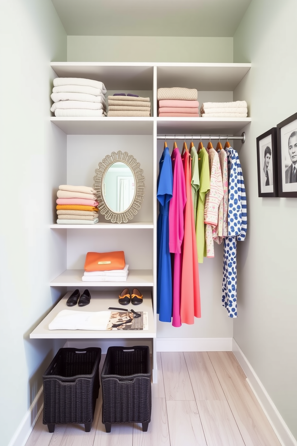 A bright and cheerful closet space featuring a fun floral curtain that elegantly conceals clutter. The walls are painted in a soft pastel color, and open shelving displays neatly folded clothes and accessories, creating an inviting atmosphere.