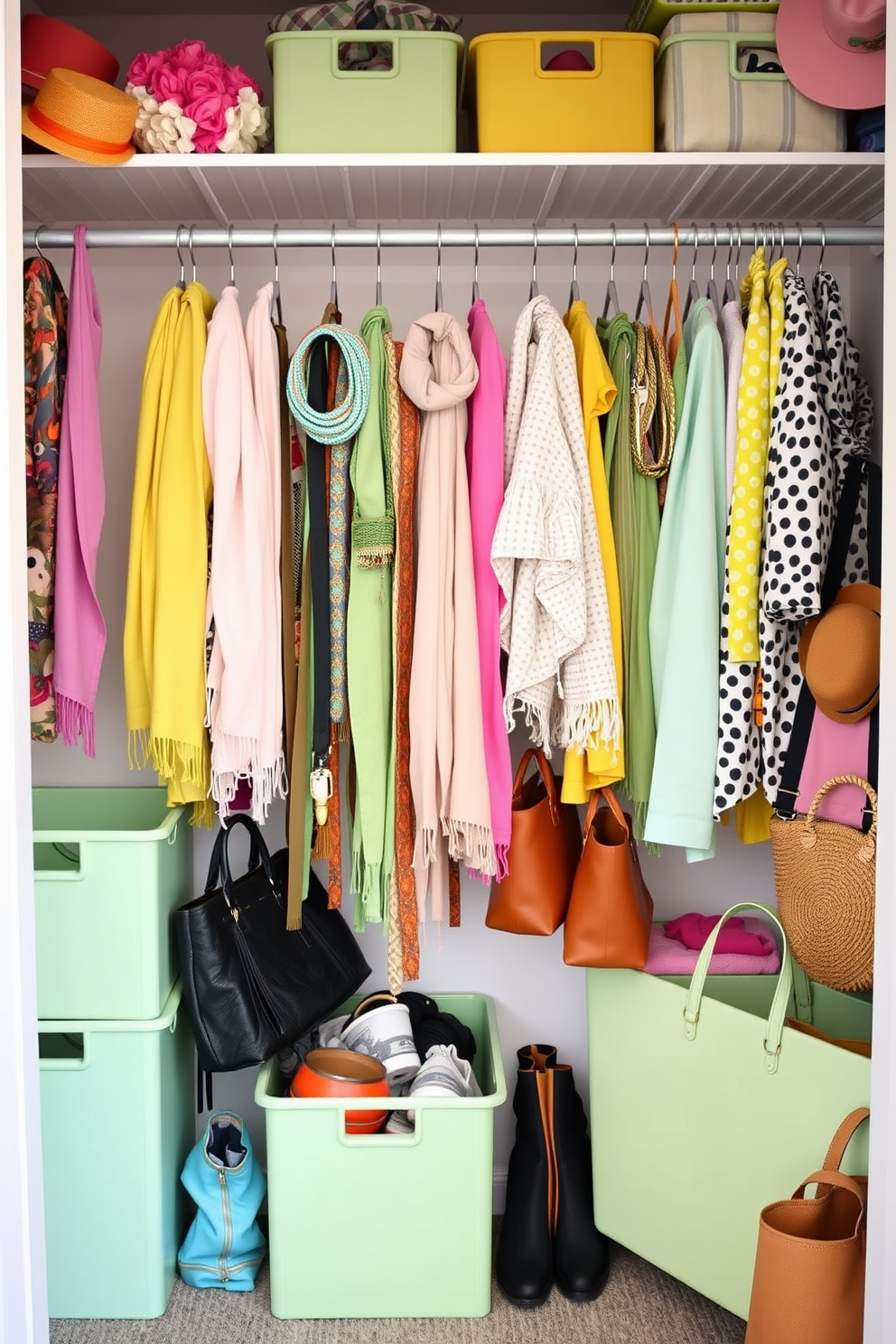 A stylish spring closet filled with vibrant colors and fresh floral accents. A rolling cart is positioned in the center, showcasing neatly folded clothes and seasonal accessories for easy mobility. The walls are adorned with soft pastel shades, creating a cheerful atmosphere. Decorative baskets are placed on the shelves, adding organization and a touch of charm to the space.