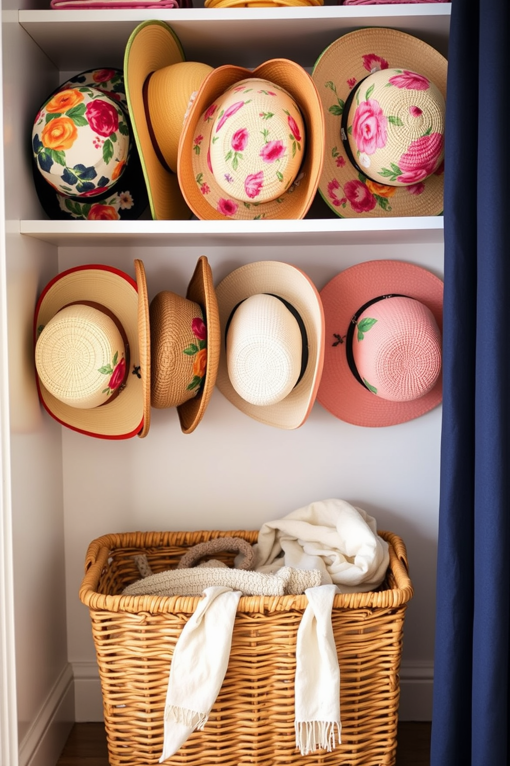 A bright and airy closet space designed for spring inspiration. The walls are painted in soft pastel colors, and a large bulletin board is mounted on one side, filled with swatches of floral patterns and seasonal decor ideas. Stylish shelving units display neatly folded clothes and accessories, while a full-length mirror reflects the vibrant atmosphere. A plush area rug adds warmth to the space, and fresh flowers in a vase bring a touch of nature indoors.