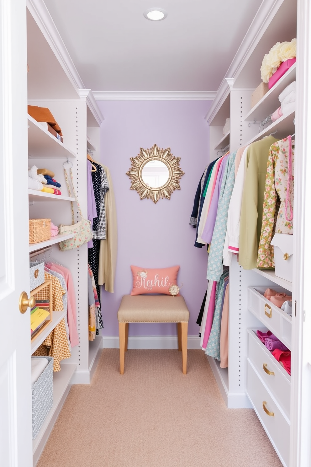 A bright and airy spring closet design featuring soft pastel colors and floral accents. The walls are painted in a light lavender hue, and the shelving is made of white wood, displaying neatly organized clothes and accessories. In the center of the closet, a small upholstered stool provides easy access to the upper shelves. A decorative mirror hangs on one wall, reflecting the vibrant colors of the clothing and the fresh spring vibe.