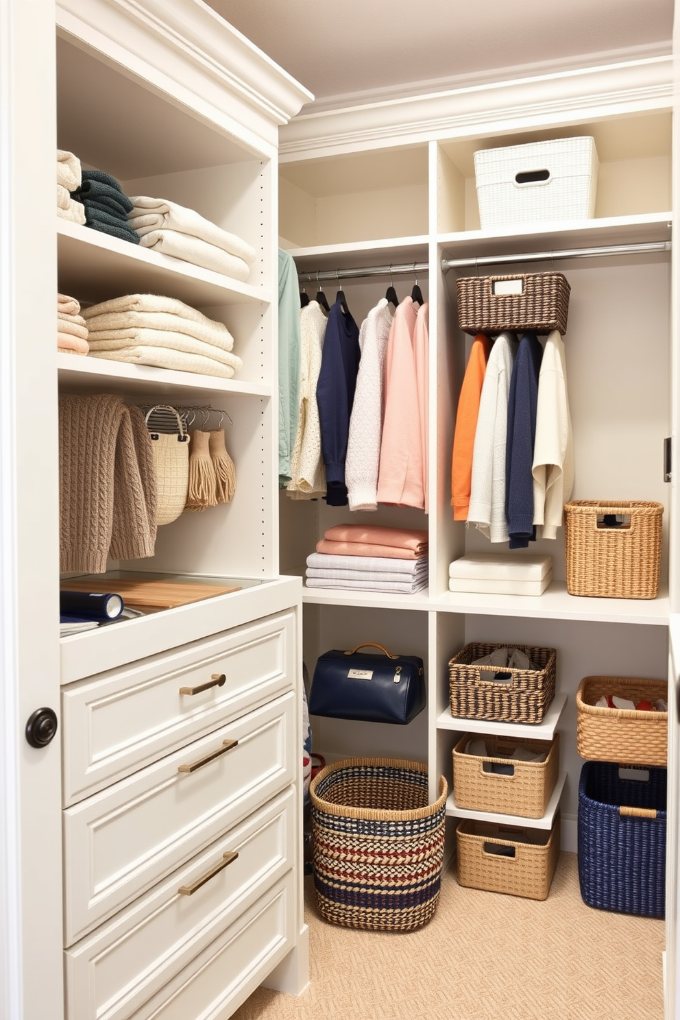 A bright and organized spring closet featuring custom-built shelving units. Drawer dividers are used to maintain neatness, with neatly folded sweaters and color-coded accessories displayed prominently. The walls are painted in a soft pastel hue, creating a fresh and airy atmosphere. Stylish baskets and bins are incorporated for additional storage, enhancing both functionality and aesthetics.