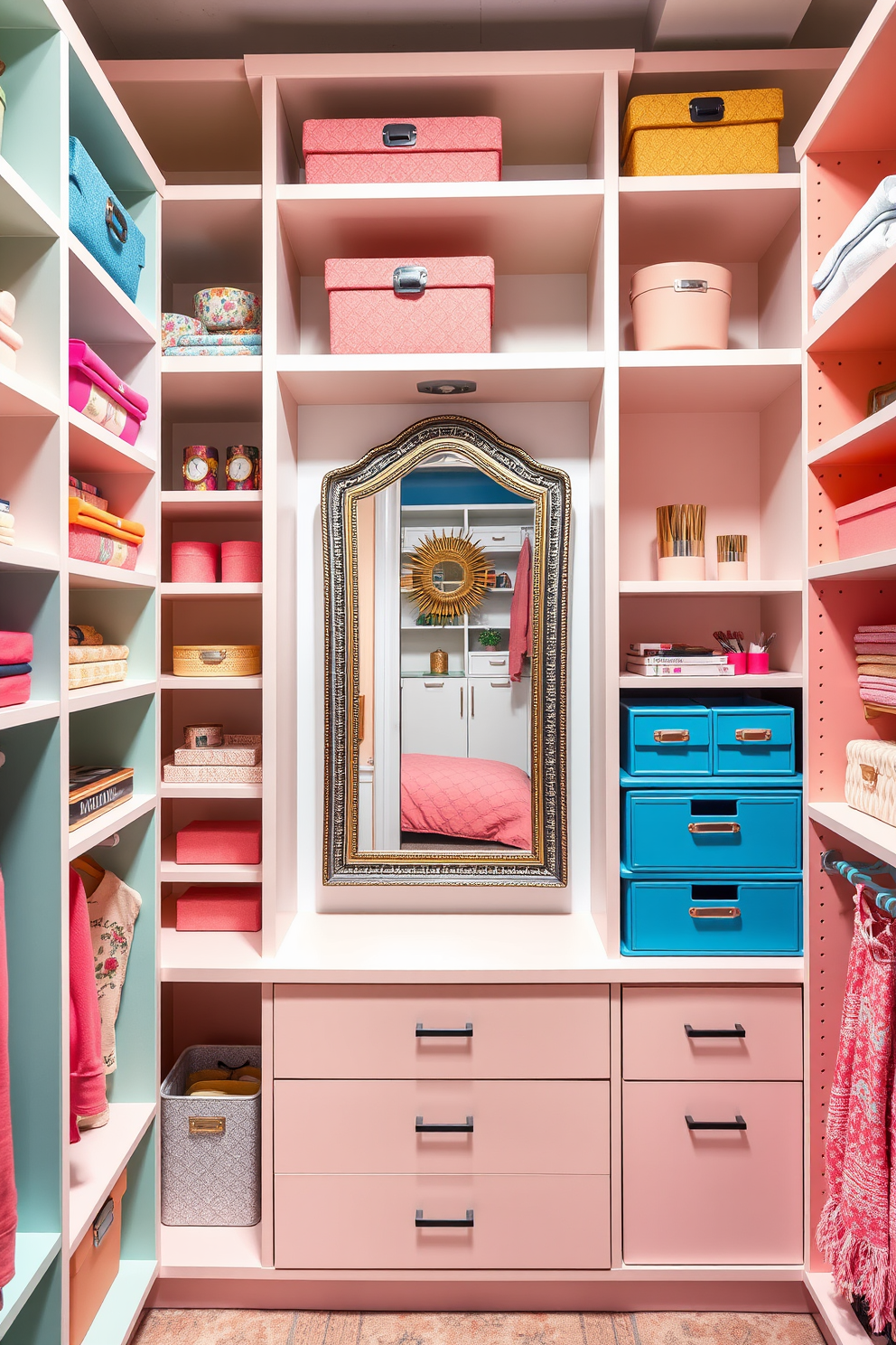 A stylish spring closet featuring pastel-colored shelving and organized compartments. A statement mirror is positioned centrally, reflecting the vibrant hues of the decor and enhancing the sense of space.