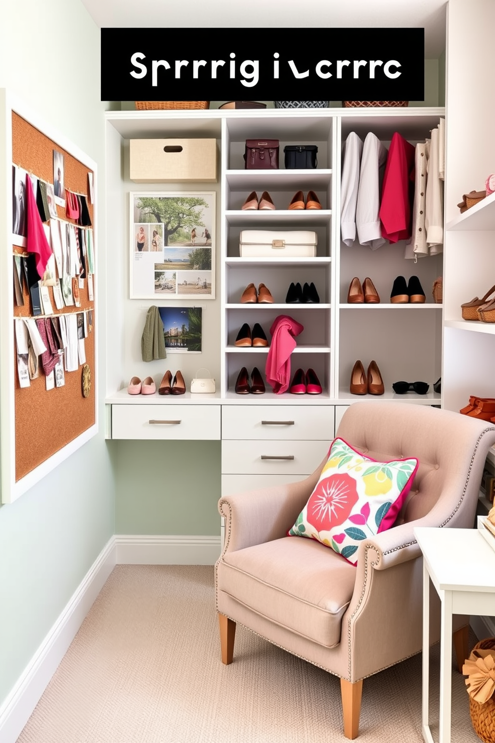 A bright and airy closet space designed for spring. The walls are painted in soft pastel colors, and a large corkboard is mounted on one side, filled with fabric swatches and inspirational images. Stylish open shelving displays neatly arranged shoes and accessories. A cozy armchair sits in the corner, adorned with a vibrant throw pillow, inviting you to relax while planning your outfits.