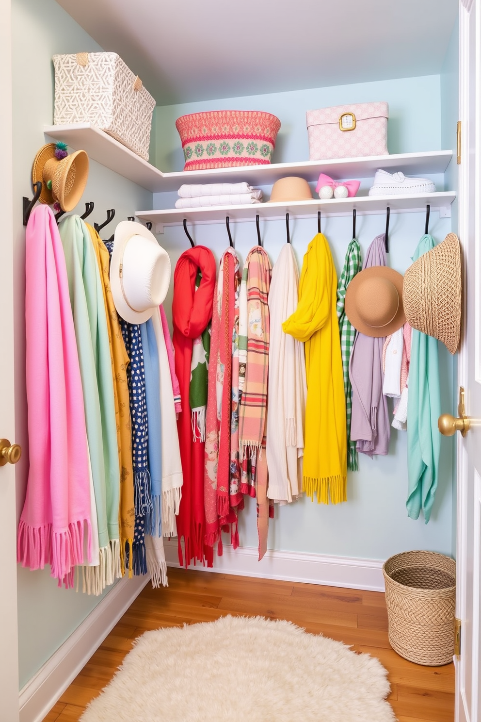 A bright and airy spring closet filled with pastel-colored accessories. Decorative hooks line the walls, showcasing vibrant scarves and hats, while a soft rug adds warmth to the space.