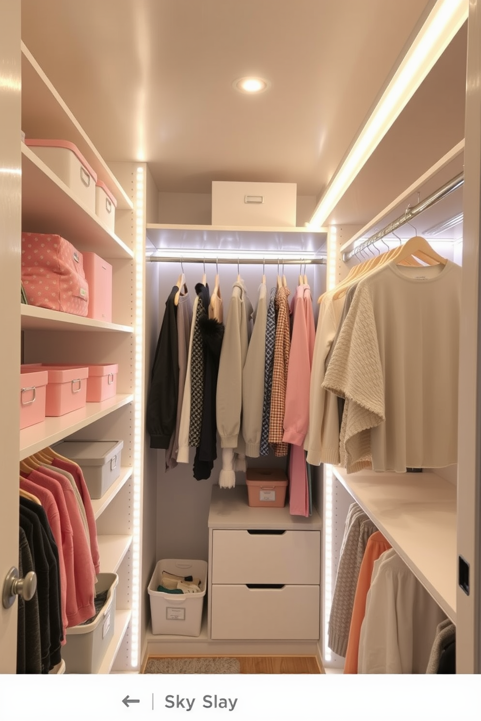 A modern closet featuring adjustable shelving that allows for versatile storage solutions. The shelves are organized with neatly folded clothes, stylish baskets, and a selection of shoes displayed elegantly. The walls are painted in a soft pastel hue, creating a calming atmosphere. A full-length mirror is positioned opposite the shelving, reflecting the organized space and enhancing the room's brightness.