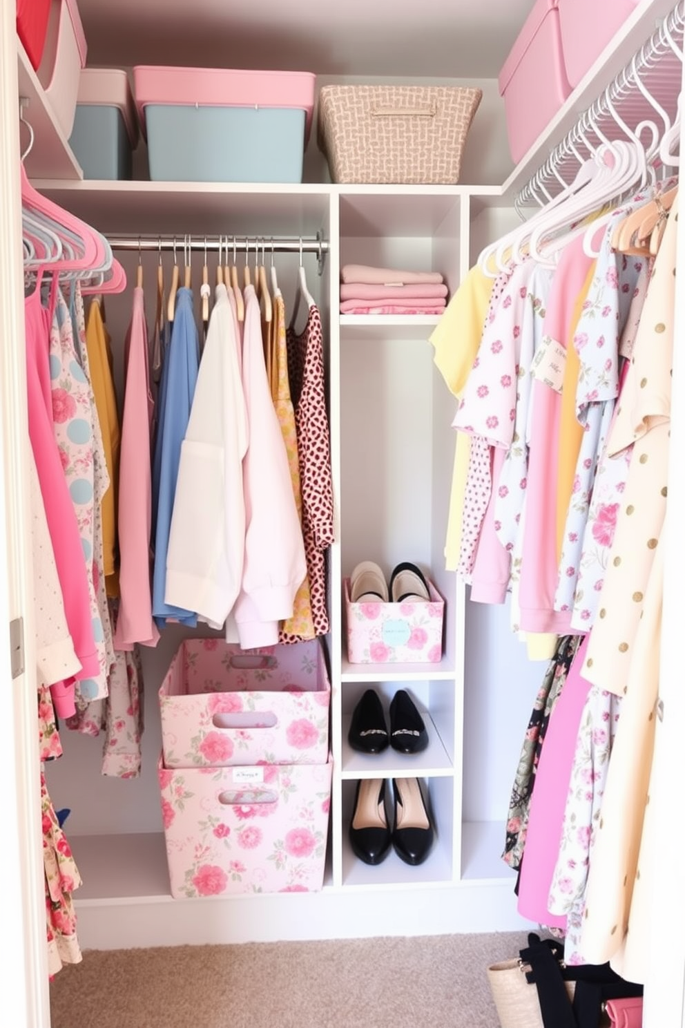 Create a color-coded clothing system for a spring closet. The shelves are organized with pastel shades of pink, blue, and yellow, while hangers display vibrant floral patterns. Incorporate decorative storage bins that match the color scheme to hold accessories and shoes. Soft lighting illuminates the closet, enhancing the cheerful atmosphere and making it easy to find outfits.