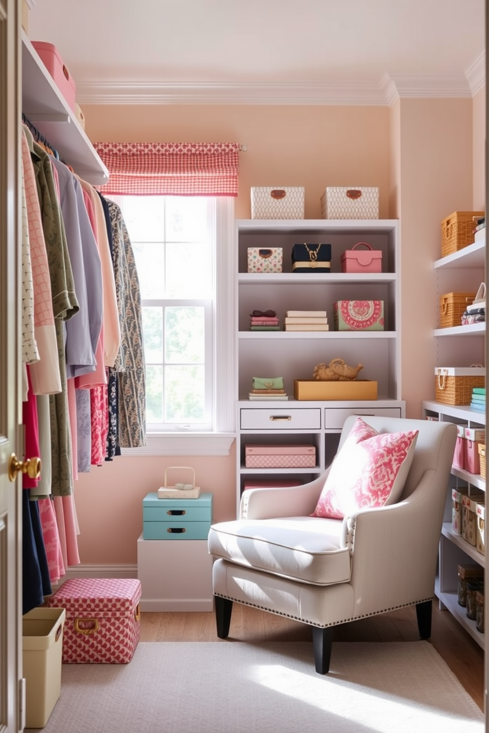 A bright and airy spring closet featuring pastel-colored walls that evoke a sense of freshness. Shelves are neatly organized with seasonal clothing, and a small accent chair in a soft fabric is placed in the corner for comfort. The closet is illuminated by natural light streaming through a nearby window, highlighting the vibrant colors of the accessories displayed. Decorative boxes and baskets add a touch of charm while keeping the space tidy and inviting.