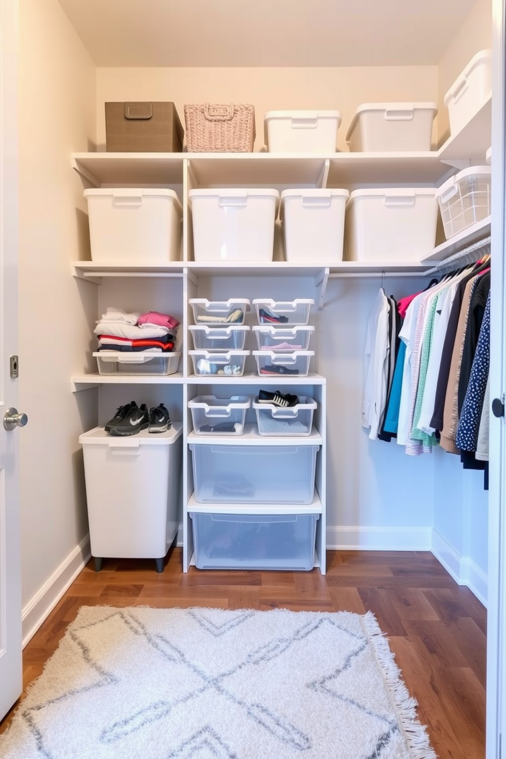 A bright and airy closet space featuring clear bins for easy visibility and access to items. The walls are painted in a soft pastel color, and a stylish rug adds warmth to the wooden floor.