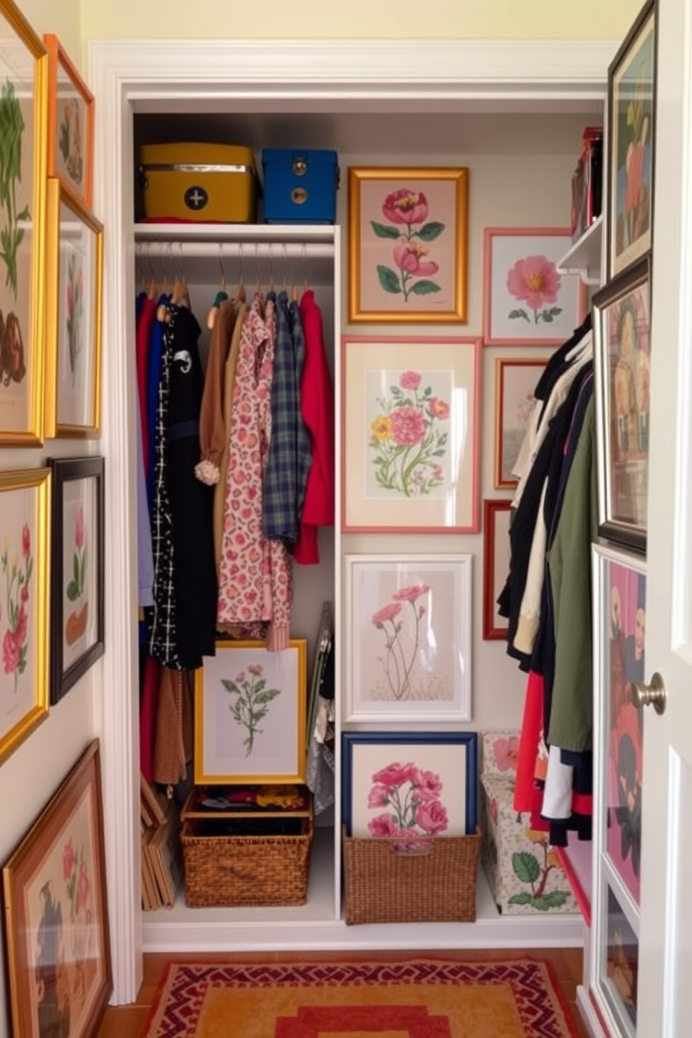 A vibrant spring closet filled with colorful art and prints adorning the walls. The space features a mix of framed botanical illustrations and abstract pieces that bring a fresh and lively atmosphere to the closet.