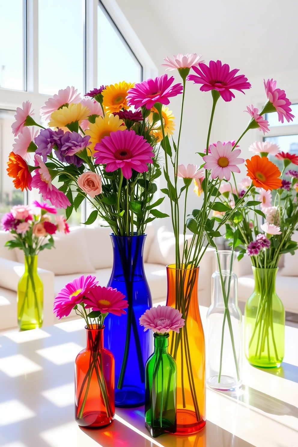 A bright and cheerful living room adorned with fresh flowers in colorful vases. The vibrant blooms are arranged in a variety of sizes and shapes, adding a lively touch to the space. The room features a light, airy color palette with soft pastel walls and a cozy seating area. Sunlight streams through large windows, enhancing the cheerful atmosphere created by the colorful floral arrangements.