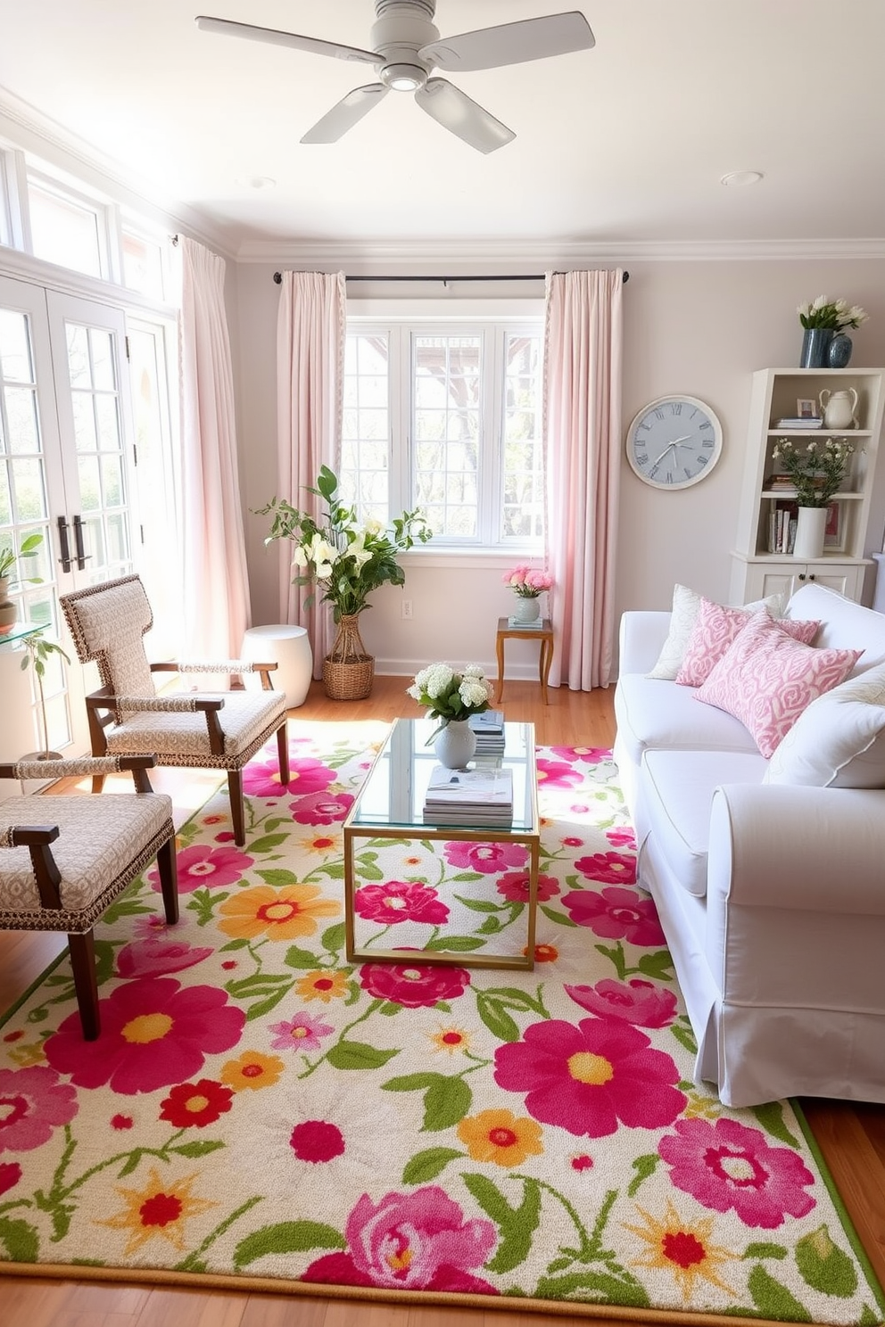 A bright and inviting living room filled with natural light. The floor is adorned with a vibrant floral-patterned rug that adds a pop of color and warmth to the space. Soft pastel accents are used throughout the room, including throw pillows and curtains. A cozy seating arrangement invites relaxation, enhancing the cheerful spring atmosphere.