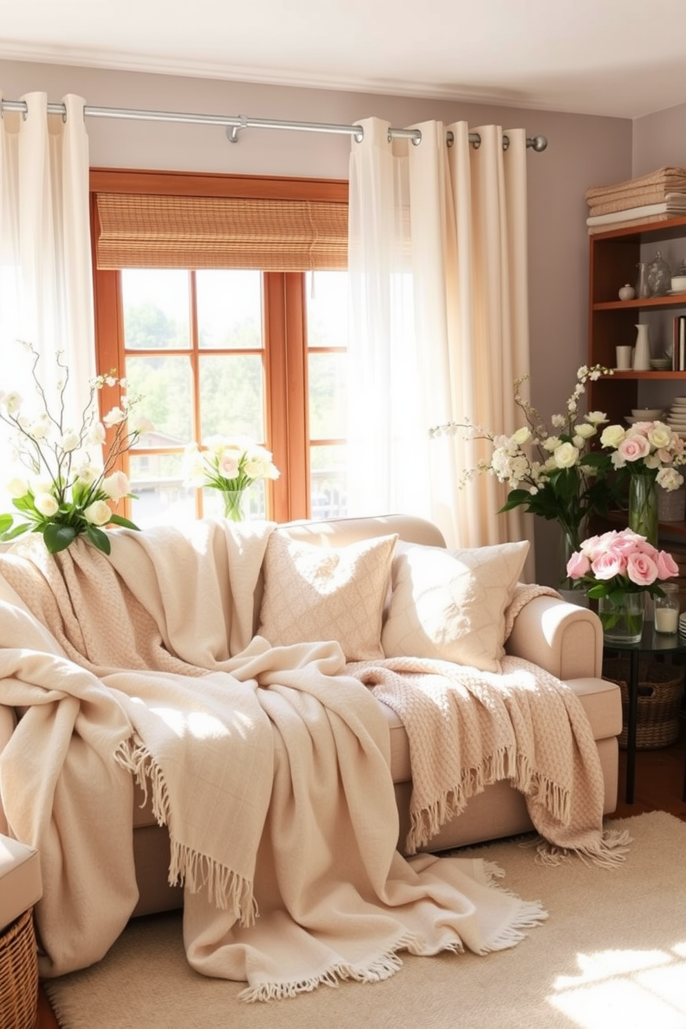 A bright and airy living room filled with natural light. The sofa is adorned with light pastel throws instead of heavy blankets, creating a fresh and inviting atmosphere. Potted plants in various sizes are strategically placed around the room to enhance the spring vibe. A soft area rug in a light color anchors the space, complementing the seasonal decor.