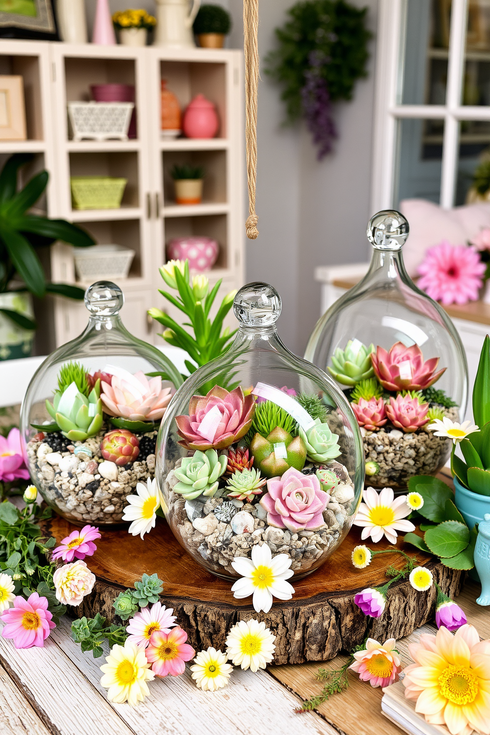 Create a vibrant spring-themed interior featuring glass terrariums filled with an assortment of colorful succulents. Arrange the terrariums on a rustic wooden table surrounded by fresh flowers and pastel-colored decor elements.