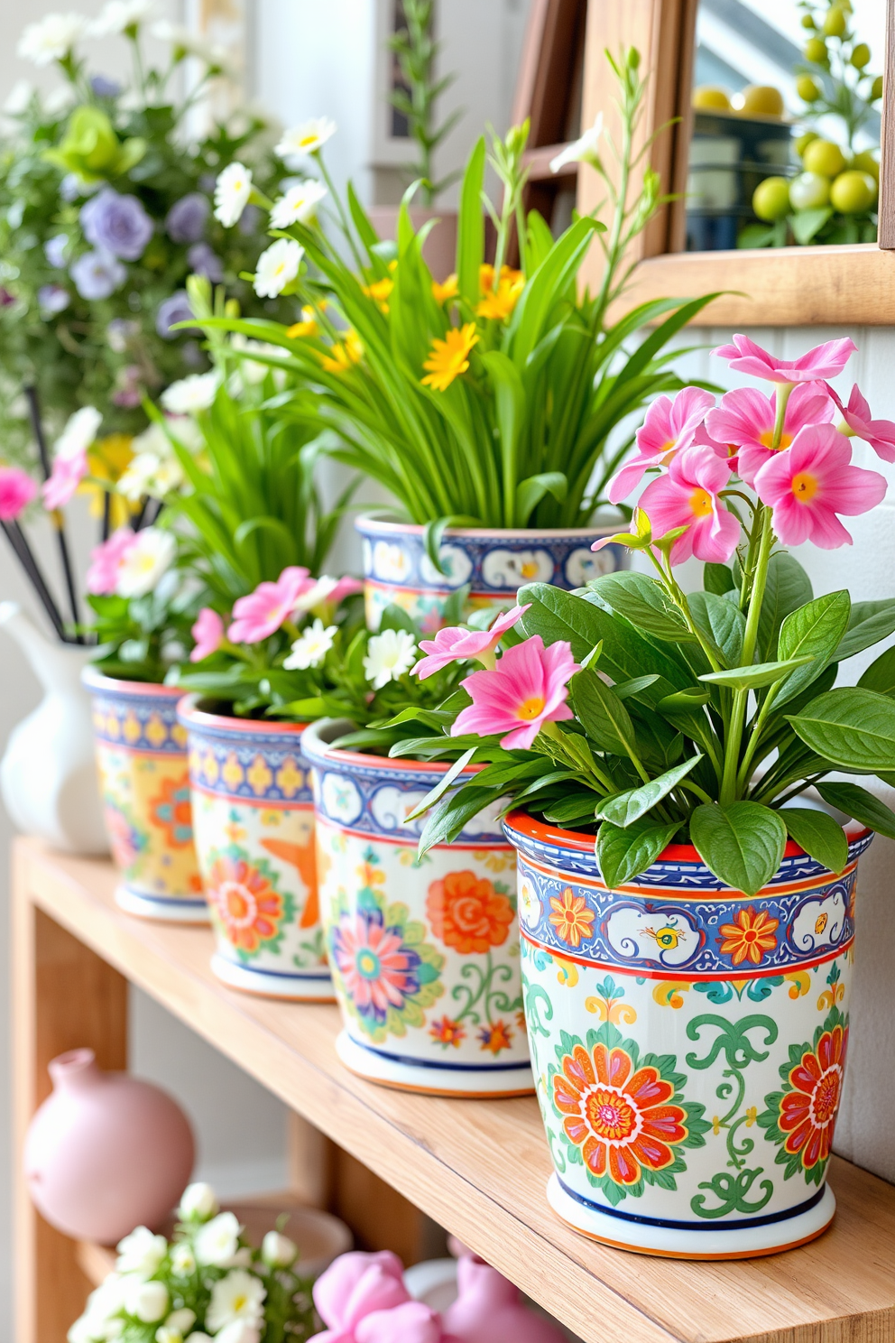 Colorful ceramic planters filled with vibrant indoor plants are arranged on a wooden shelf. The planters feature intricate patterns and bright hues, adding a lively touch to the space. Spring decorations are incorporated with fresh flowers and greenery, creating a cheerful atmosphere. Soft pastel accents complement the colorful planters, enhancing the seasonal theme.