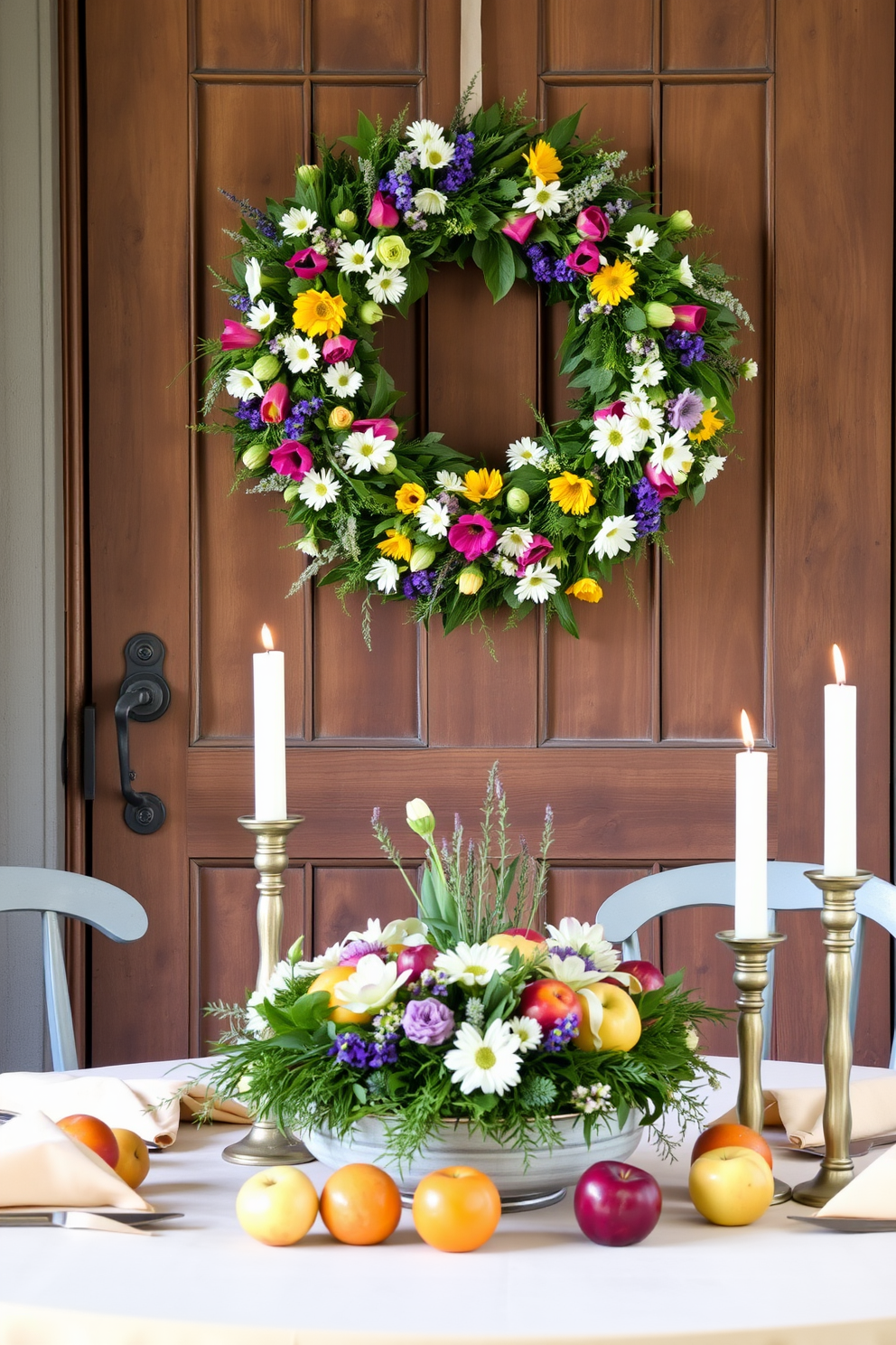 A vibrant spring wreath made of fresh flowers and herbs is hung on a rustic wooden door. The wreath features an array of colorful blooms such as tulips, daisies, and lavender, creating a cheerful welcome. Inside, a beautifully arranged tablescape showcases a centerpiece of a smaller version of the wreath surrounded by candles and seasonal fruits. Soft pastel table linens complement the natural elements, evoking the essence of spring throughout the space.