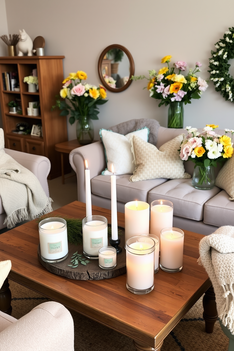 A cozy living room setting adorned with seasonal scented candles that create a warm and inviting ambiance. The candles are arranged on a rustic wooden coffee table surrounded by plush seating and vibrant spring decor elements. Fresh floral arrangements in pastel hues are strategically placed throughout the room to enhance the spring theme. Soft throw blankets and cushions in light fabrics add comfort and a touch of seasonal charm.