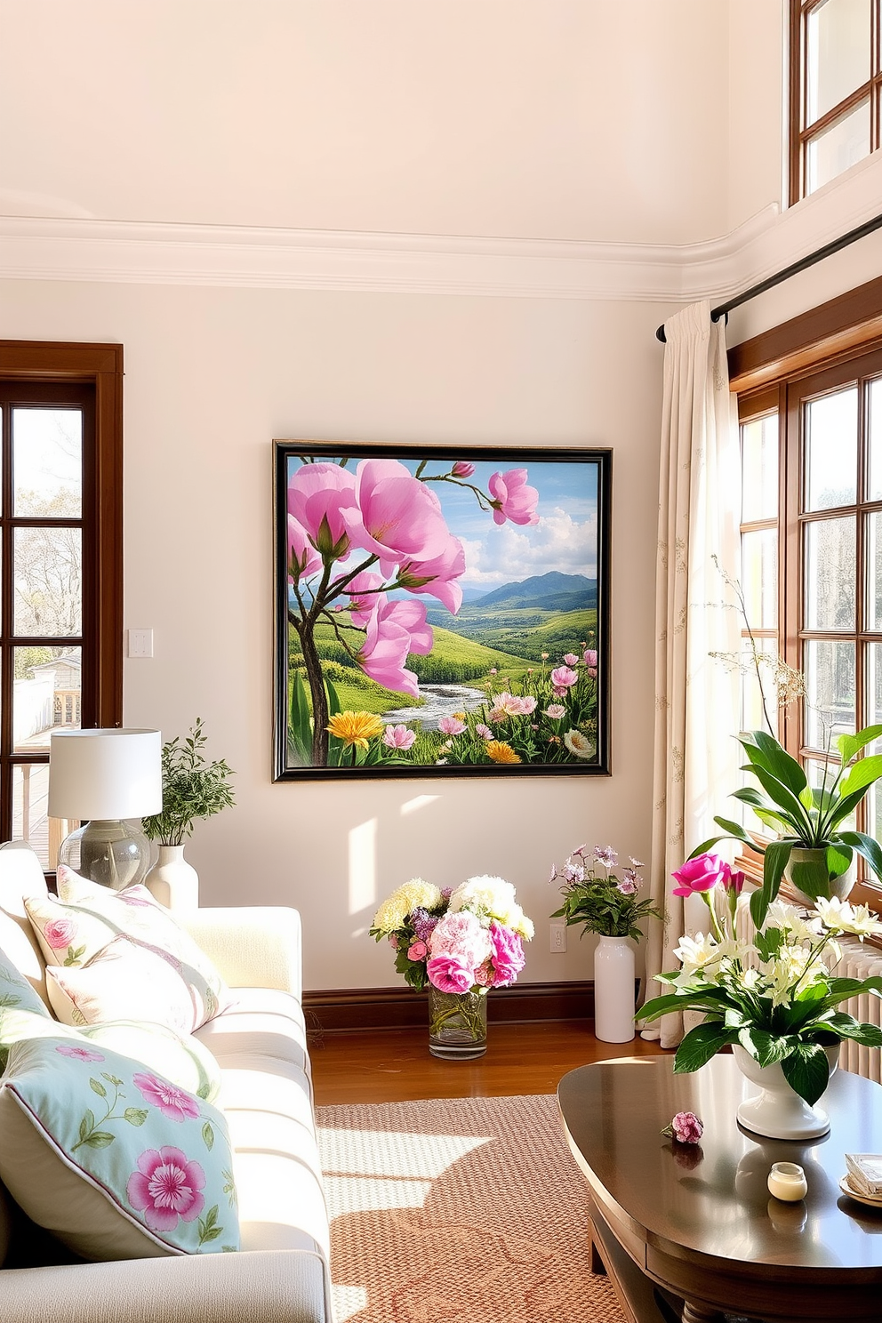 A bright and airy living room adorned with spring decor. The walls are painted in a soft pastel hue, and the furniture features light fabrics with floral patterns. Gold accents are incorporated through decorative picture frames and a chic coffee table. Fresh flowers in a golden vase add a vibrant touch, enhancing the overall spring theme.