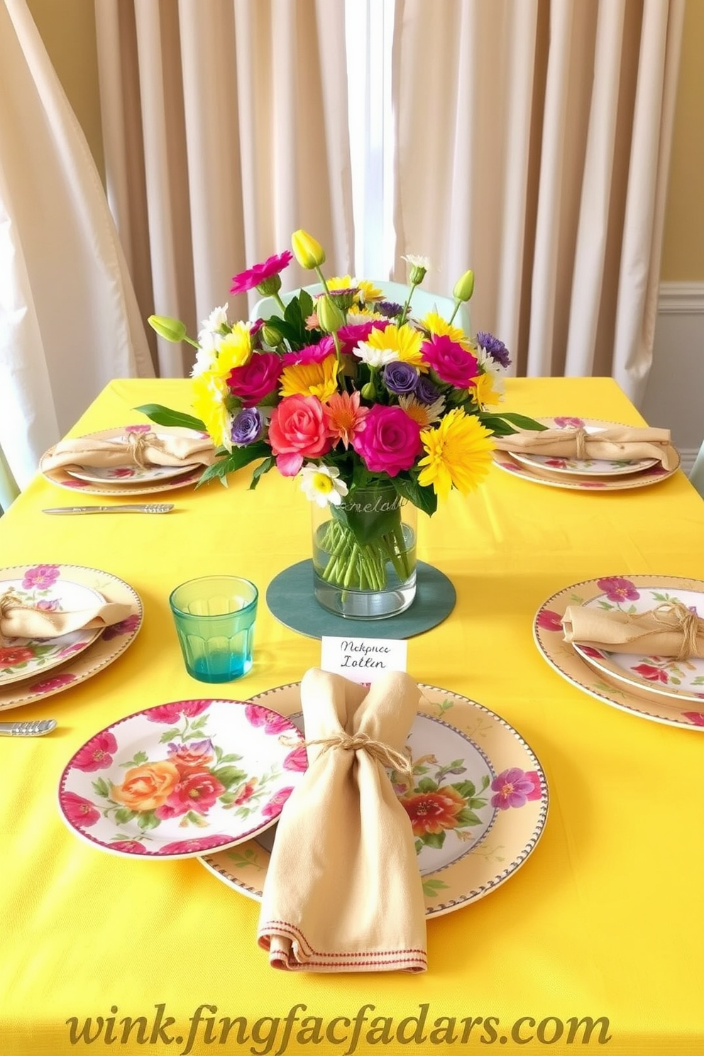 Cheerful table settings with vibrant dishes. The table is set with a bright yellow tablecloth and adorned with colorful plates featuring floral patterns. Freshly cut flowers in a variety of colors are arranged in a glass vase at the center. Each place setting includes cheerful napkins tied with twine and a small, personalized name card. Spring decorating ideas focus on incorporating pastel colors and natural elements. Light, airy curtains flutter in the breeze, complementing the overall cheerful ambiance.