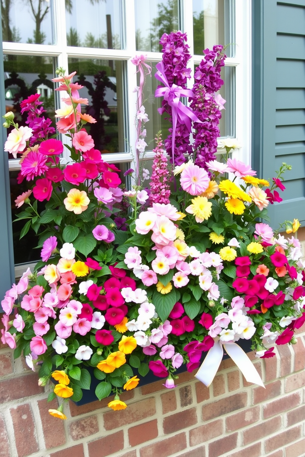 Create a charming window box display brimming with vibrant blooming flowers in a variety of colors. The arrangement should feature cascading plants alongside taller blooms, creating a layered and lush appearance. Incorporate elements of spring by adding decorative accents such as pastel-colored ribbons or small garden ornaments. The window boxes should complement the overall aesthetic of the home, enhancing the cheerful and inviting atmosphere of the season.