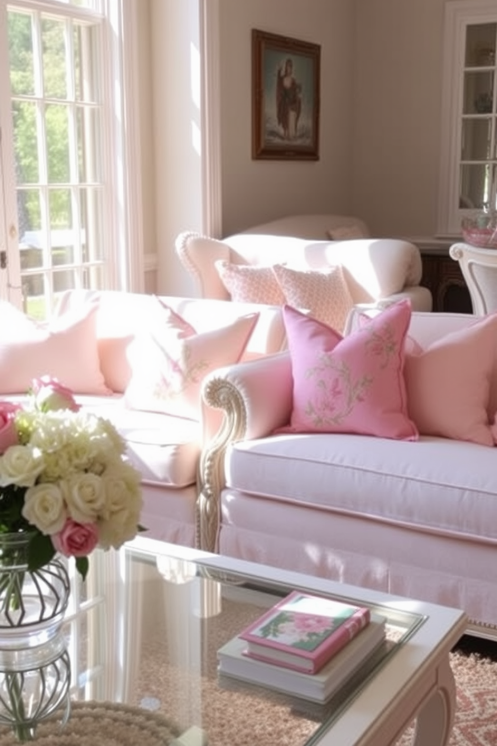 A cozy living room featuring a plush sofa adorned with an array of pastel throw pillows in soft pinks, blues, and yellows. The space is brightened by natural light streaming through large windows, creating a cheerful and inviting atmosphere. Decorative accents such as fresh flowers in a vase and light, airy curtains enhance the spring theme. A soft area rug ties the room together, providing warmth and comfort while complementing the pastel color palette.