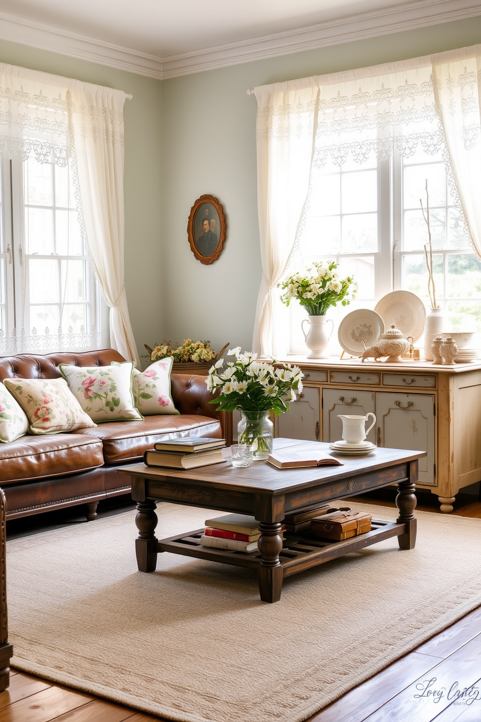 A charming living room adorned with vintage decor that captures the essence of spring. Floral patterned cushions are scattered on a distressed leather sofa, while a rustic wooden coffee table holds a collection of antique books and a vase filled with fresh daisies. Delicate lace curtains flutter gently in the breeze, framing large windows that let in warm sunlight. A pastel-colored area rug anchors the space, and a vintage sideboard displays an assortment of spring-themed trinkets and ceramics.