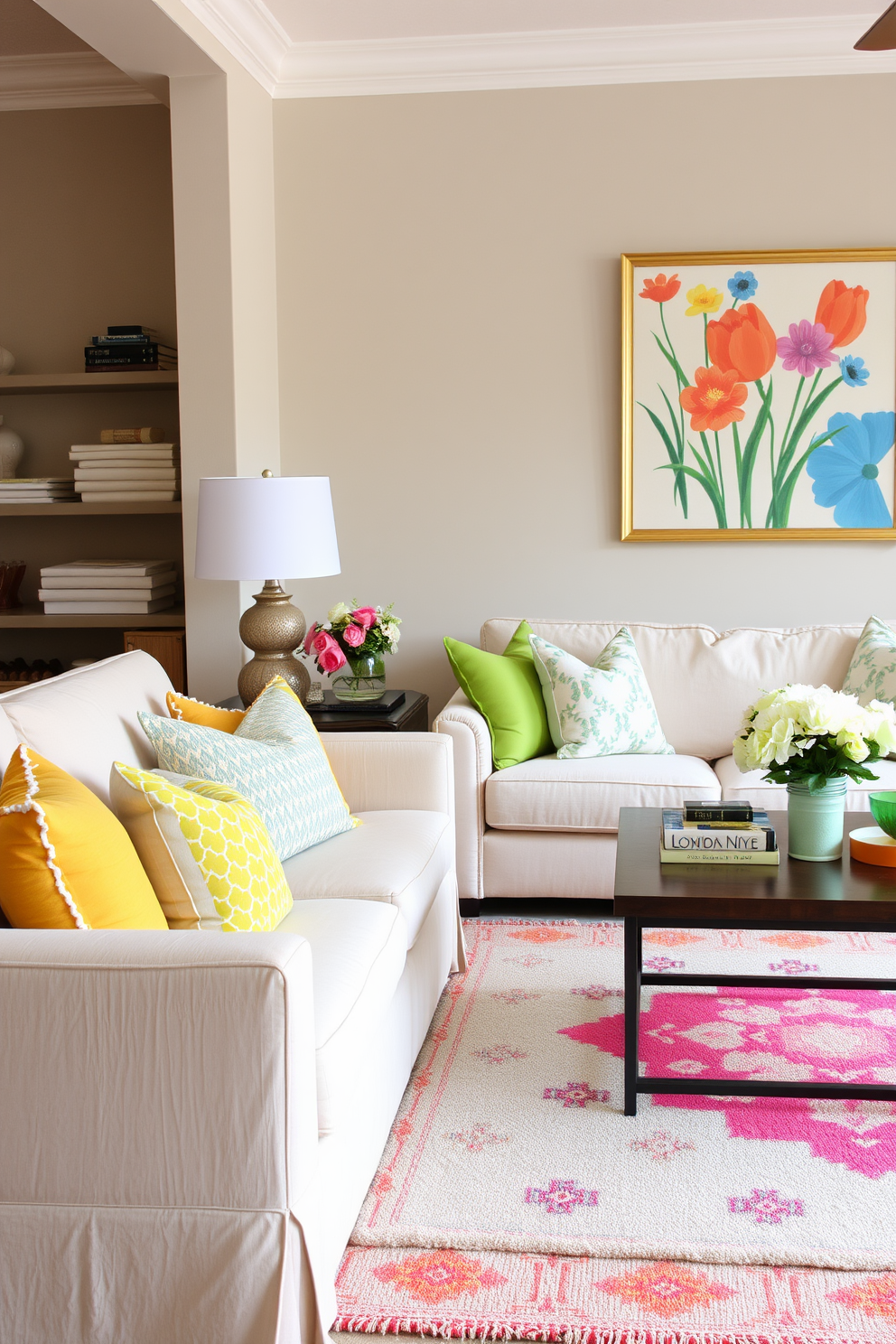 A bright and inviting kitchen space features a large wooden dining table set for a casual meal. In the center of the table, a vibrant fruit bowl filled with assorted fresh fruits adds a pop of color and a touch of spring. The walls are painted in a soft pastel hue, enhancing the airy feel of the room. Fresh flowers in a simple vase are placed on the windowsill, complementing the overall spring decorating theme.