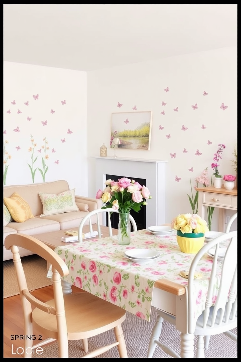 Create a bright and cheerful living room adorned with spring-themed wall decals featuring floral patterns and pastel colors. The space should include a cozy sofa with colorful throw pillows and a coffee table decorated with fresh flowers in a vase. Design a charming dining area with a light wooden table surrounded by mismatched chairs, all accented by spring-themed wall decals of blooming flowers and butterflies. The table should be set with a floral tablecloth and delicate dishware, creating an inviting atmosphere for spring gatherings.