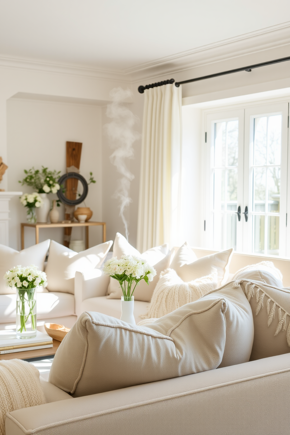 A bright and airy living room filled with natural light. Soft pastel colors dominate the decor, complemented by fresh flowers in elegant vases. Essential oil diffusers are strategically placed around the room, emitting refreshing scents that enhance the atmosphere. Cozy throw pillows and light fabrics create an inviting space perfect for spring gatherings.