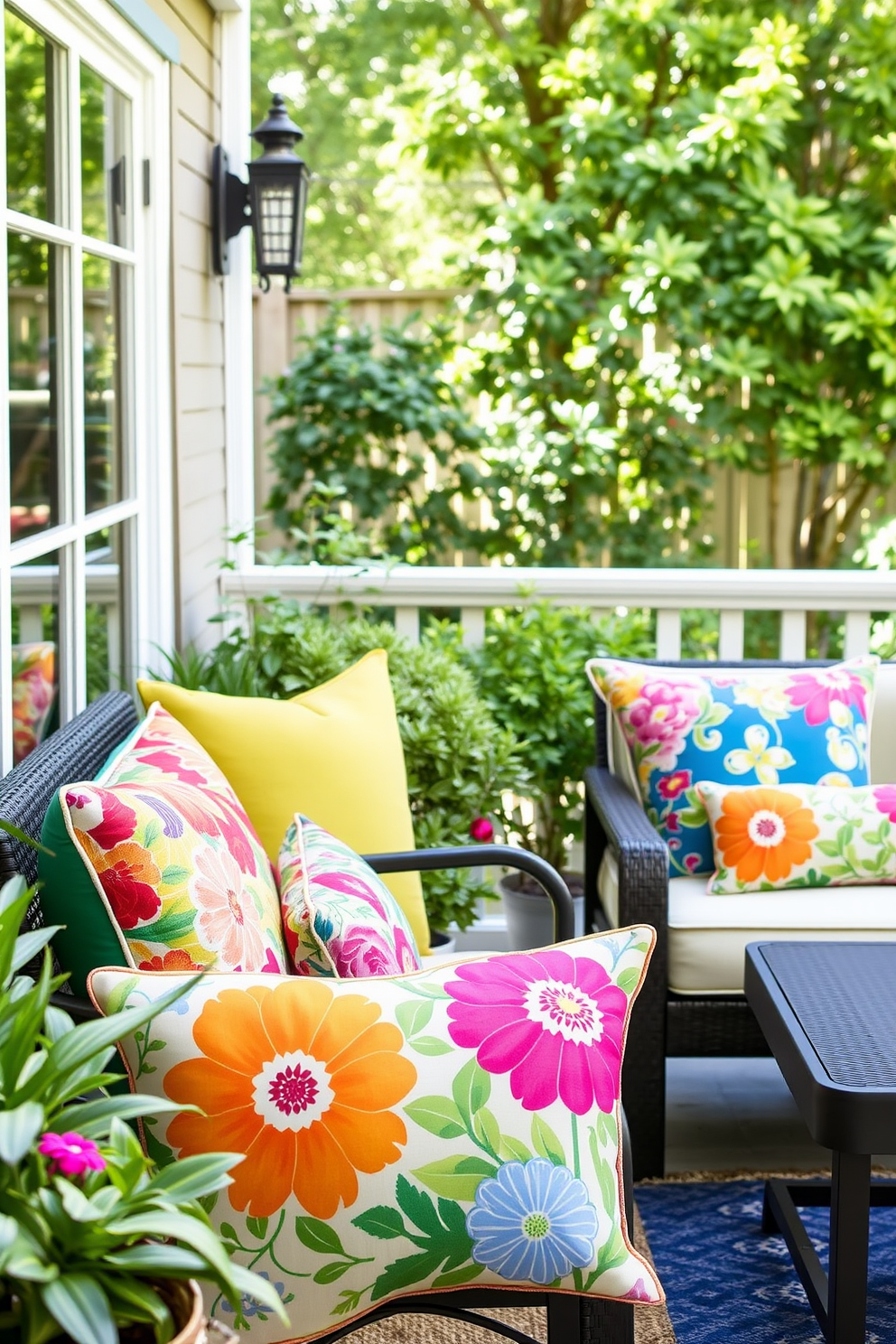 Brightly colored outdoor cushions for patios. These cushions feature vibrant floral patterns and are made from weather-resistant fabric to withstand the elements. The patio is adorned with lush greenery and a stylish outdoor seating arrangement. The cushions add a cheerful pop of color, creating a welcoming and lively atmosphere for spring gatherings.