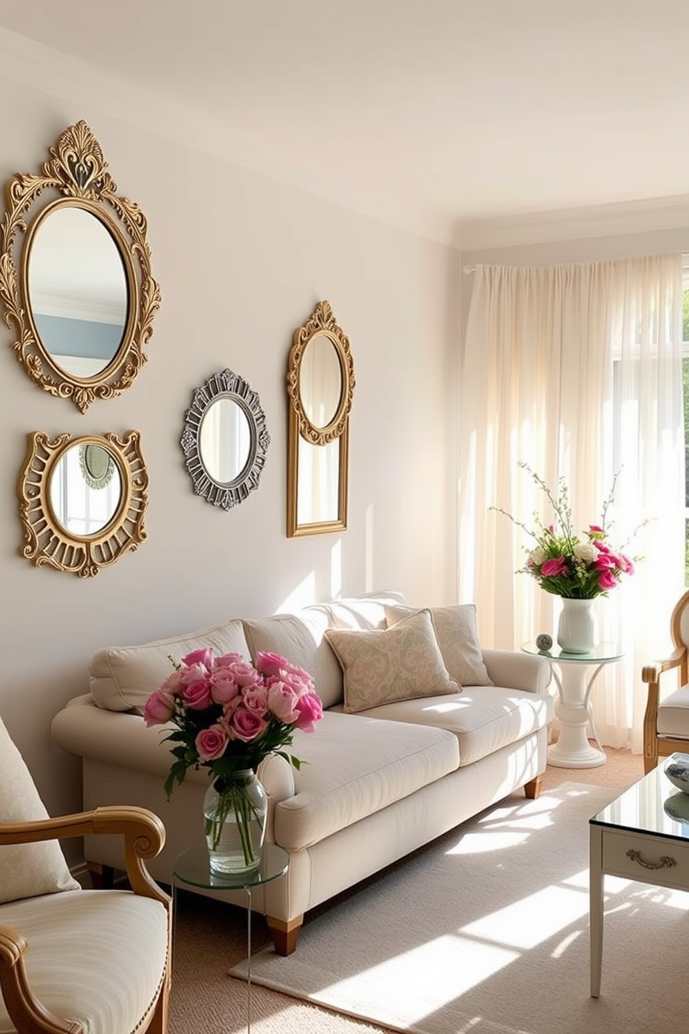 A bright and airy living room filled with natural light. The walls are adorned with decorative mirrors that reflect sunlight and create an illusion of spaciousness. Soft pastel colors dominate the decor, with floral arrangements adding a fresh touch. Light, sheer curtains flutter gently in the breeze, enhancing the springtime vibe.