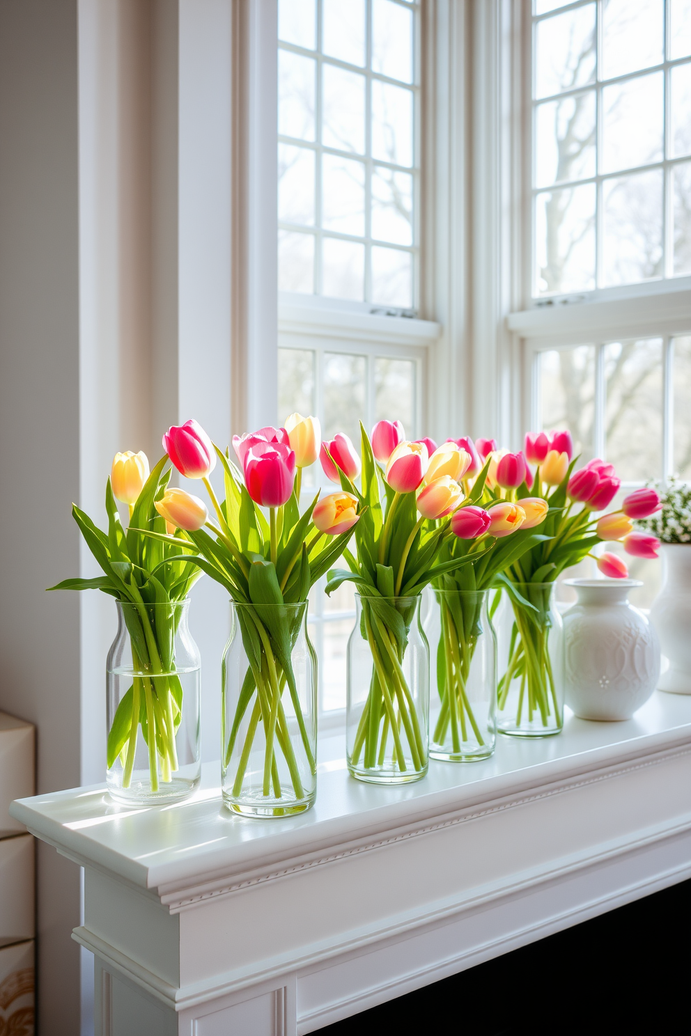 Chic glass vases filled with vibrant tulips are arranged on a sleek white mantel. The tulips add a burst of color, enhancing the fresh and airy atmosphere of the spring decor. Soft pastel accents complement the glass vases, creating a harmonious balance in the room. Natural light pours in through large windows, illuminating the delicate petals and enhancing the overall elegance of the space.