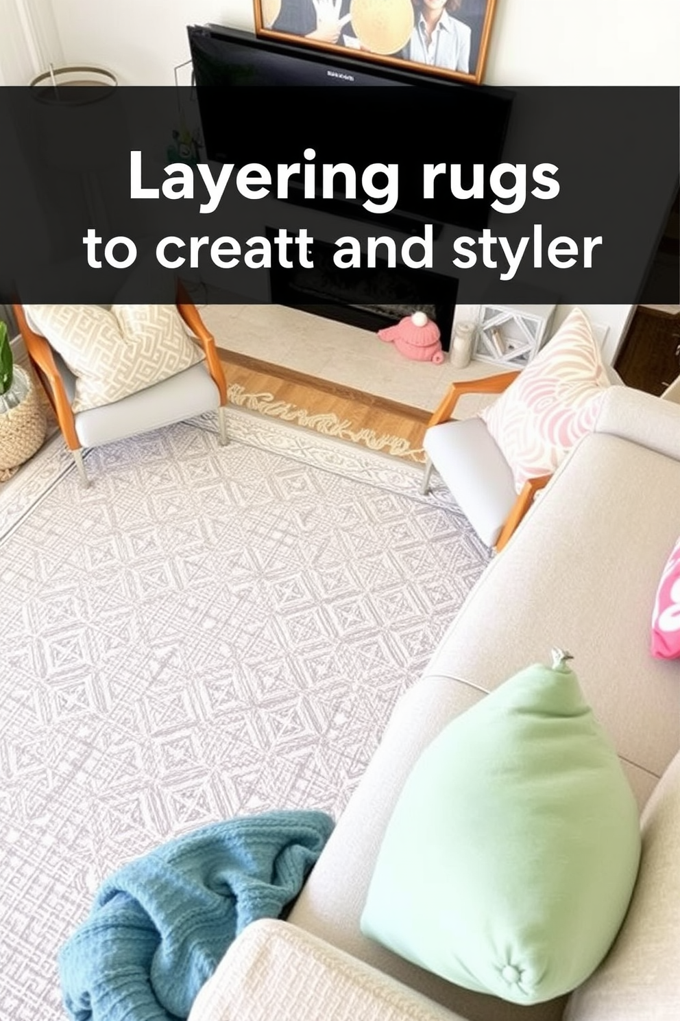 Layering rugs to create a cozy and stylish atmosphere. A large neutral base rug anchors the space while a smaller patterned rug adds visual interest and texture. Spring decorating ideas that bring freshness and vibrancy to your home. Incorporate pastel colors through throw pillows and floral arrangements to welcome the season.