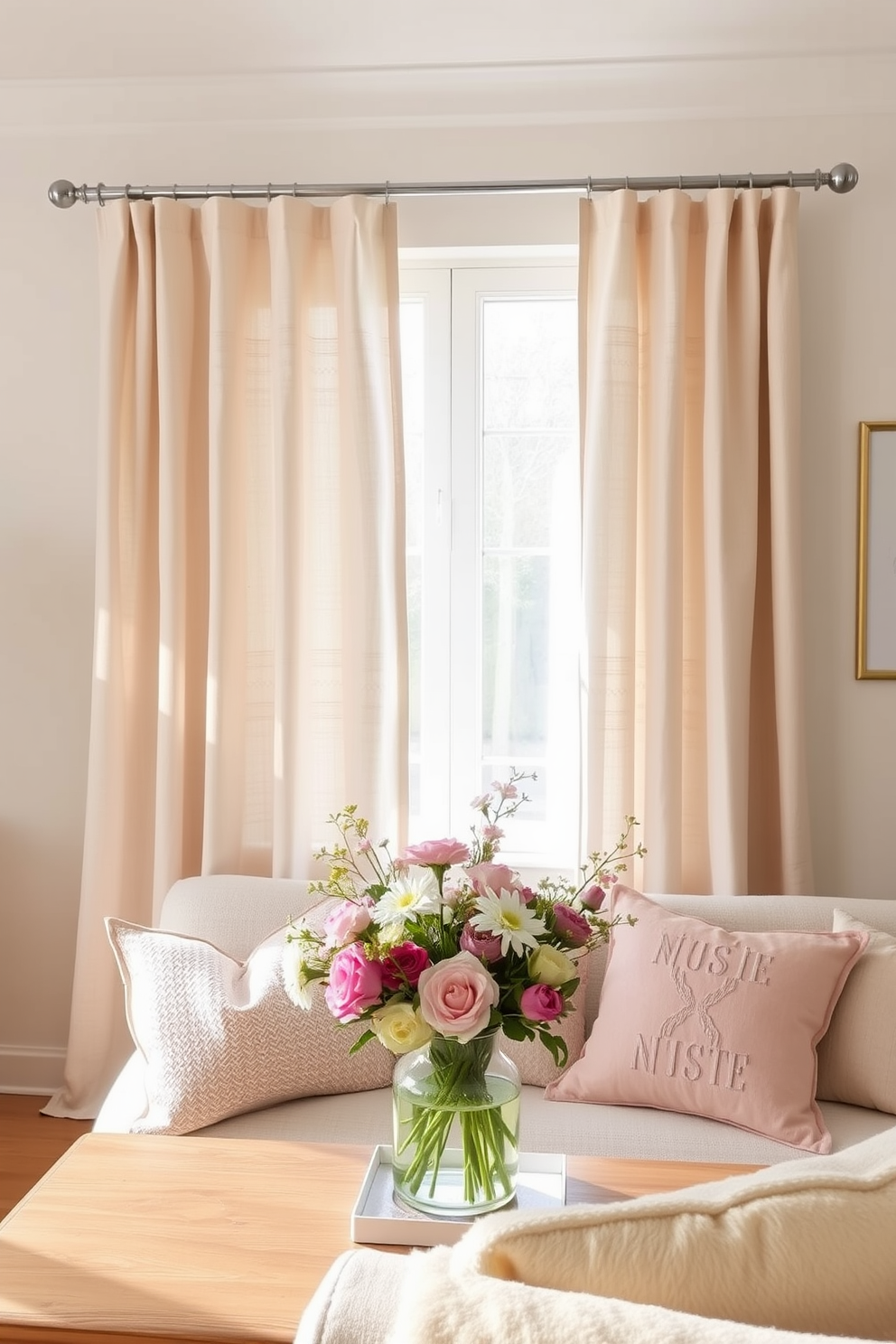 Lightweight linen curtains gently drape from a sleek curtain rod, allowing natural light to filter through and create an airy atmosphere. The soft texture of the fabric complements the fresh spring decor, enhancing the overall brightness of the room. Incorporate pastel-colored accents such as cushions and throw blankets to evoke a sense of renewal and warmth. A vase filled with seasonal blooms sits on a wooden coffee table, adding a vibrant touch to the inviting space.