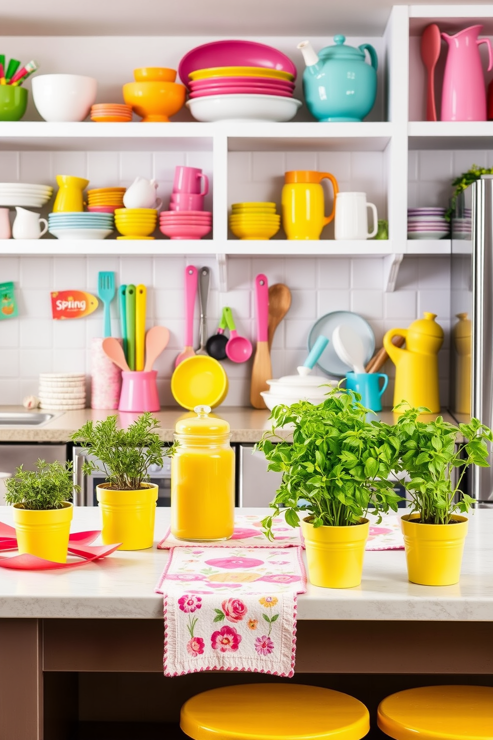 A vibrant kitchen filled with colorful accessories that bring a fresh and lively atmosphere. Brightly colored dishware, utensils, and decorative items are strategically placed on open shelves and countertops, creating a cheerful and inviting space. Spring-themed decorations such as floral table runners and pastel-colored canisters enhance the seasonal feel. Potted herbs in cheerful pots add a touch of greenery and freshness to the kitchen environment.