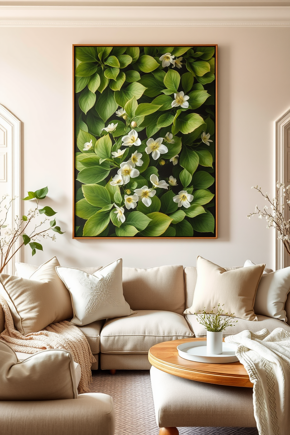 Create a bright and airy living room filled with botanical prints and artwork inspired by spring. The walls are adorned with large, vibrant botanical prints, while a gallery wall features smaller framed art pieces that celebrate the colors of the season. Incorporate soft pastel furnishings, such as a light pink sofa and mint green accent chairs, to enhance the spring theme. A large coffee table made of natural wood sits in the center, decorated with fresh flowers and a few art books that reflect the beauty of nature.