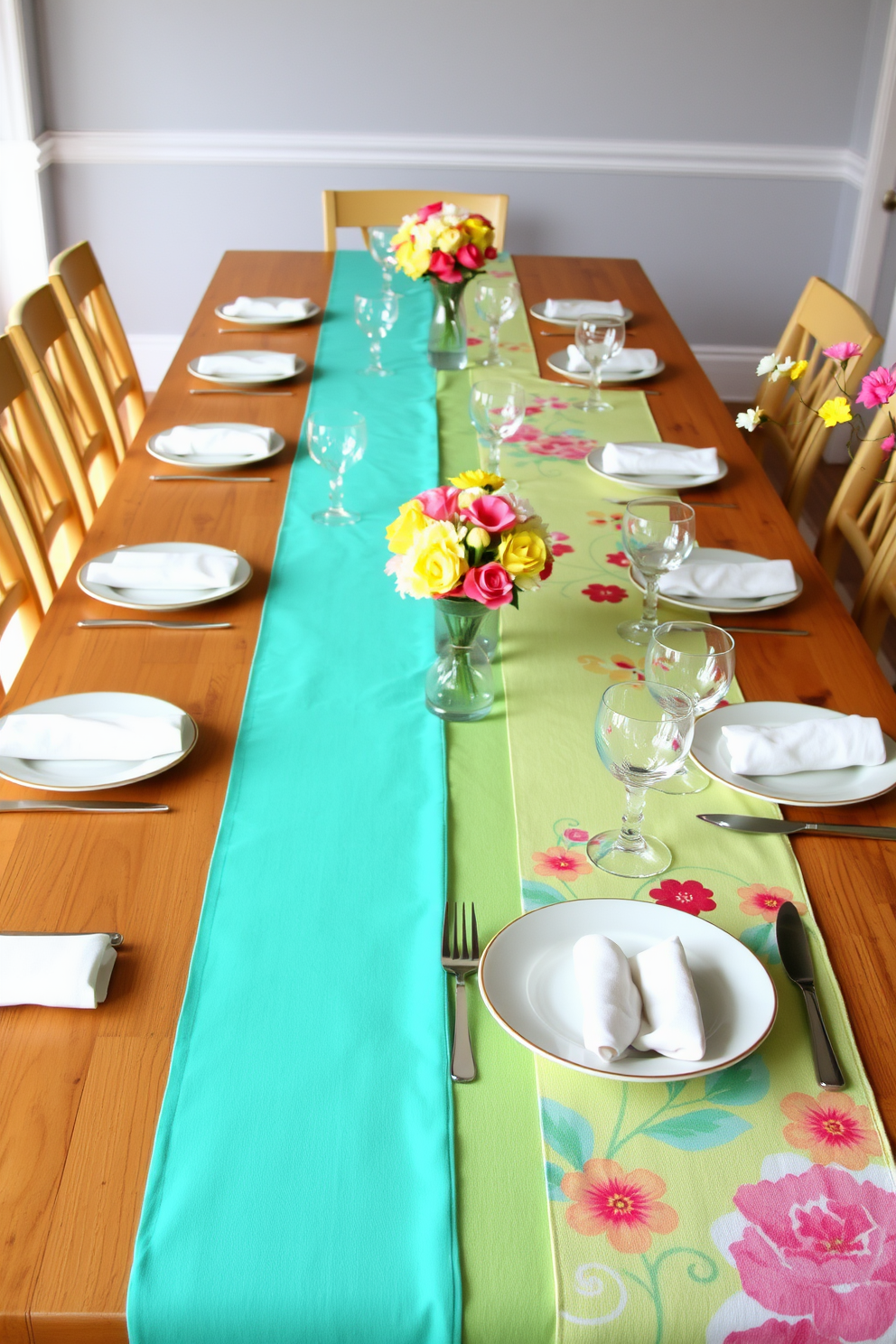 Brightly colored table runners drape elegantly across a long wooden dining table. The runners feature vibrant floral patterns that complement the fresh spring decor surrounding the table. Delicate place settings with pastel-colored dishes and sparkling glassware are arranged meticulously. Fresh flowers in varied hues are placed in vases at either end of the table, enhancing the lively atmosphere.