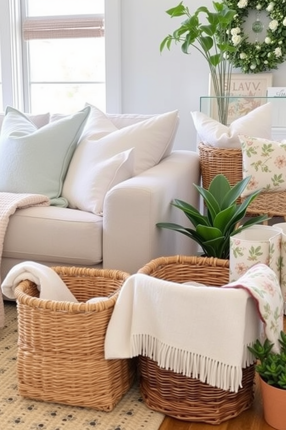 Create a serene living space featuring decorative baskets that are both functional and stylish. The baskets are woven from natural materials and placed strategically around the room for organized storage. Incorporate fresh spring elements such as pastel-colored throw pillows and floral-patterned blankets. Add a touch of greenery with potted plants placed beside the baskets to enhance the seasonal decor.