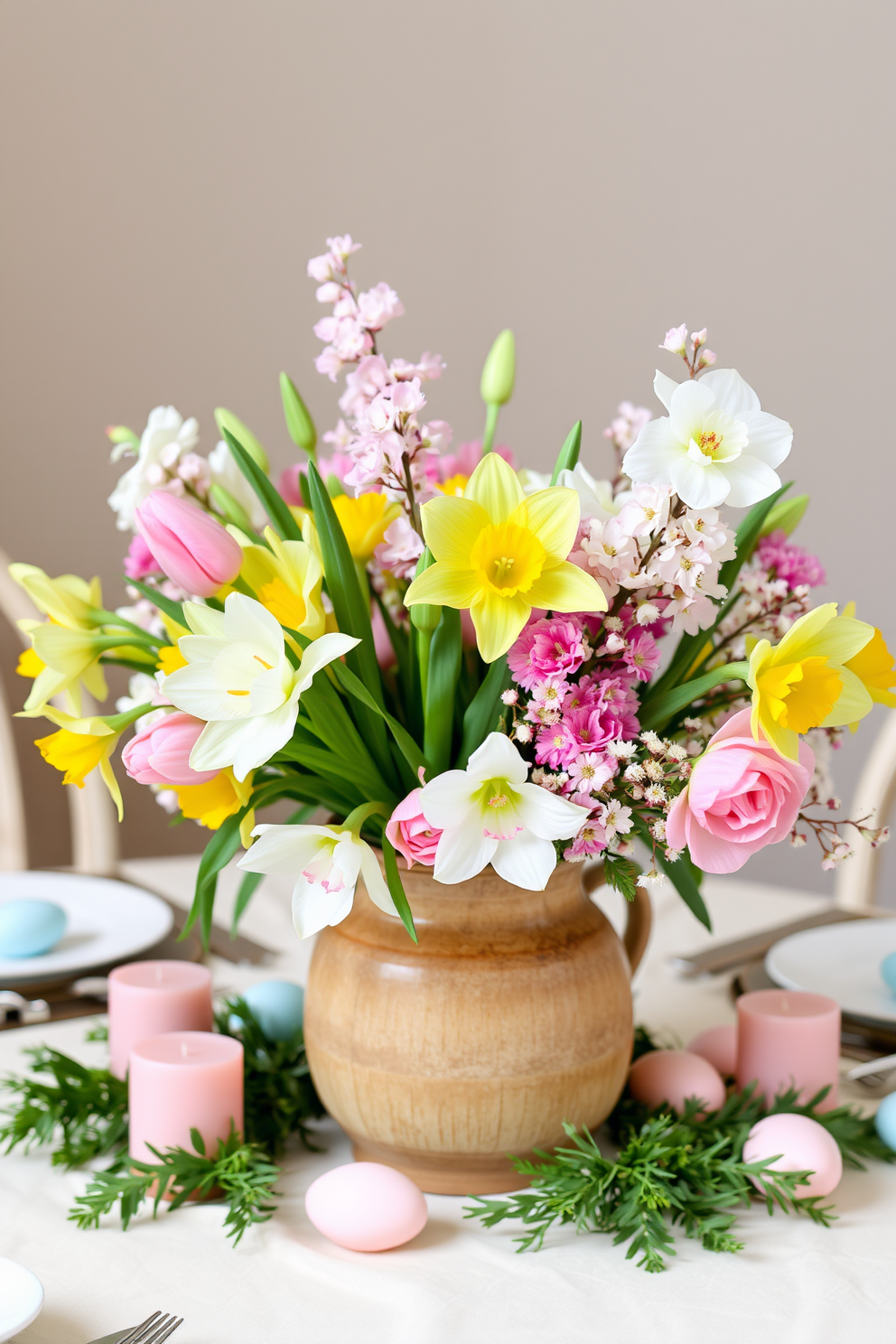 A vibrant spring-themed centerpiece filled with seasonal blooms. The arrangement features tulips, daffodils, and cherry blossoms in a rustic ceramic vase placed on a light-colored tablecloth. Incorporate pastel-colored elements like soft pink and baby blue candles around the centerpiece. Add small decorative eggs and fresh greenery to enhance the spring vibe.