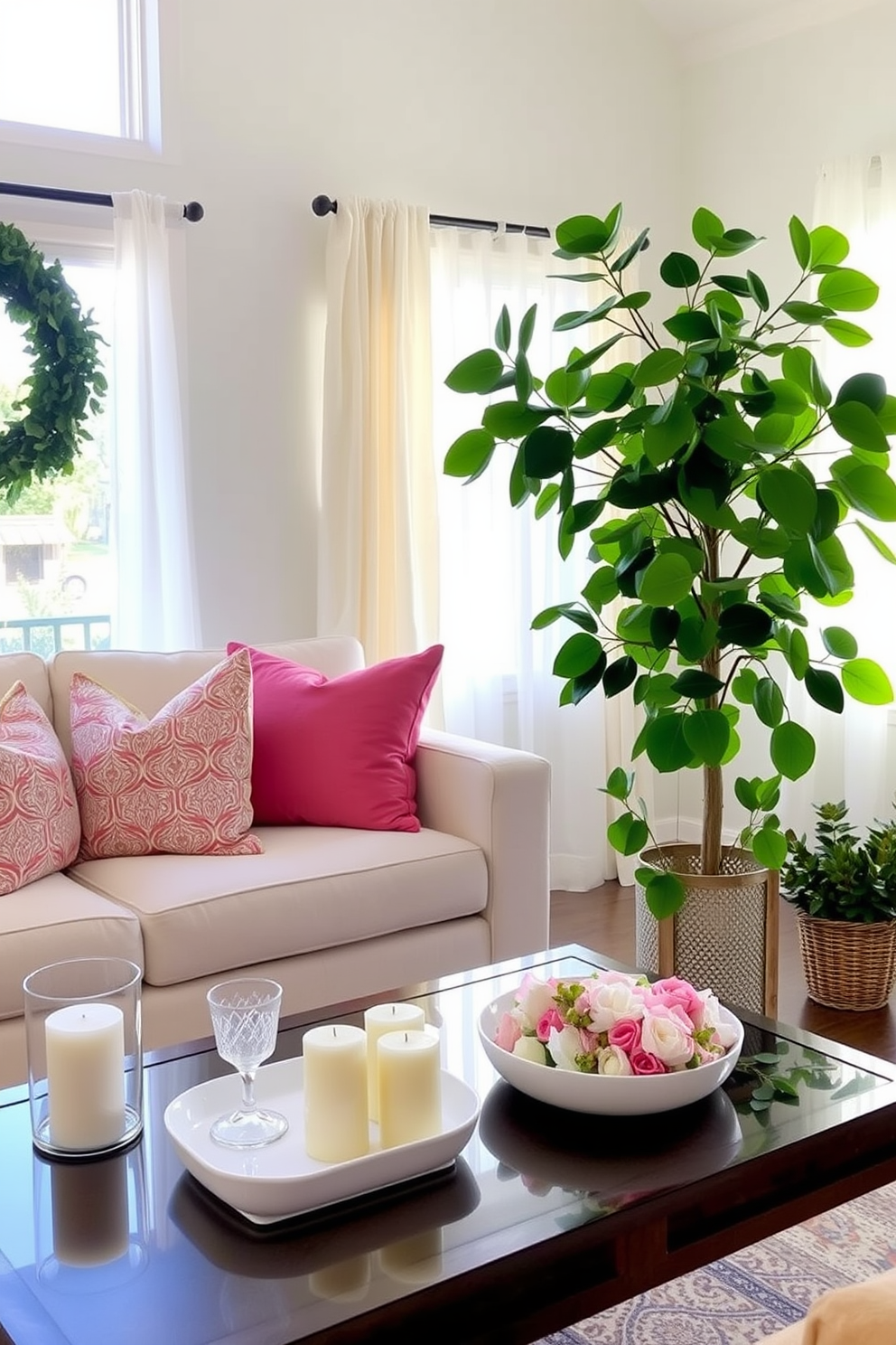 A bright living room adorned with faux greenery accents that bring a refreshing touch to the space. The room features a light-colored sofa paired with vibrant throw pillows, and a large faux fiddle leaf fig tree stands in the corner, adding height and life. Spring decorations are tastefully arranged on a coffee table, including pastel-colored candles and a decorative bowl filled with faux flowers. Soft, sheer curtains allow natural light to filter in, creating an inviting atmosphere perfect for the season.