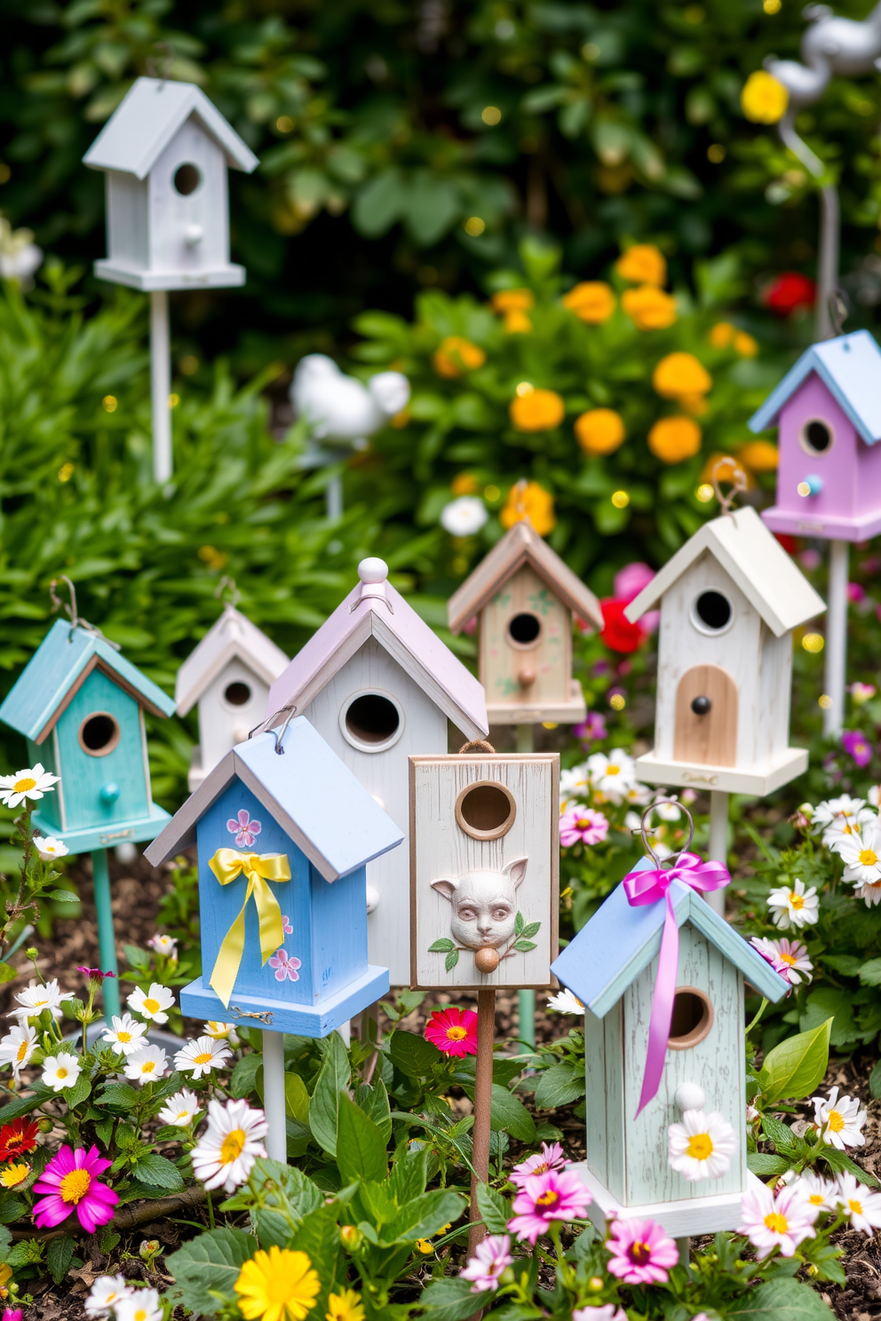 Charming birdhouses in various colors and styles are placed throughout the garden, adding a whimsical touch to the outdoor space. Each birdhouse features unique designs, such as floral patterns and rustic finishes, creating a delightful focal point for spring decorating. The birdhouses are strategically positioned among blooming flowers and lush greenery, enhancing the overall charm of the landscape. Small decorative elements like colorful ribbons and twinkling fairy lights are incorporated to further elevate the spring aesthetic.