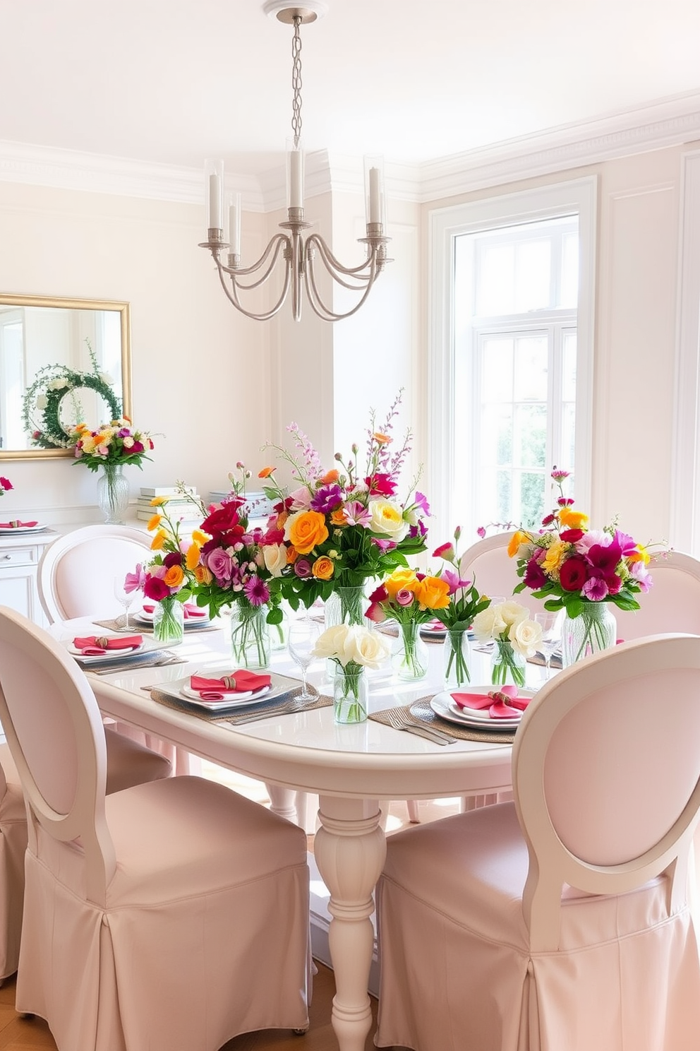 A bright and airy dining room filled with natural light. The table is adorned with fresh flower centerpieces in a variety of vibrant colors, creating a lively and inviting atmosphere. Surrounding the table are elegant chairs upholstered in soft pastel fabrics. The walls are painted in a light neutral tone, complementing the cheerful floral arrangements.