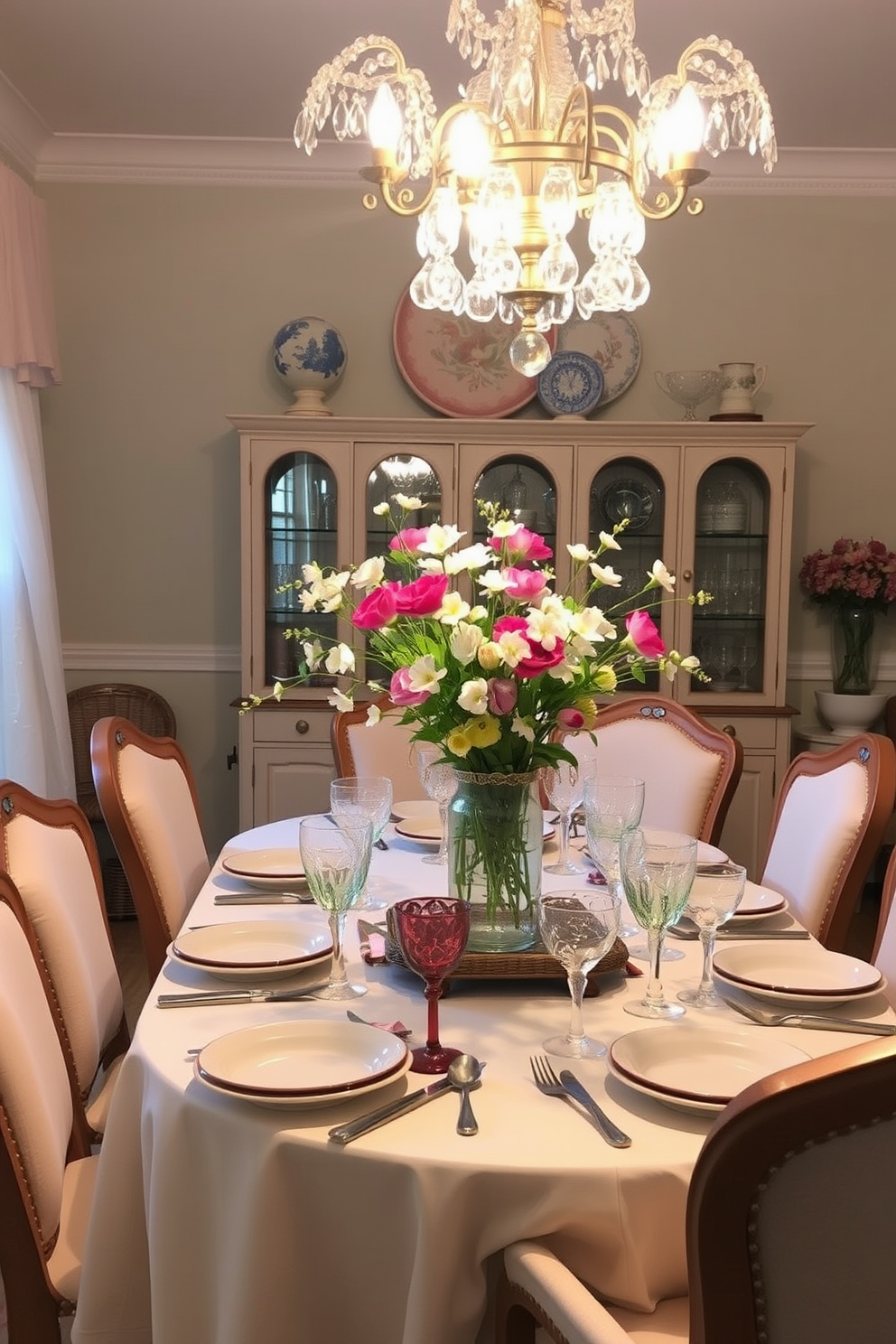 A charming dining room adorned with vintage glassware that adds a nostalgic touch. The table is set with an elegant tablecloth, and the glassware sparkles in the soft light of a chandelier above. Fresh spring flowers in a colorful vase serve as a centerpiece, bringing life to the room. Surrounding the table are upholstered chairs in pastel hues, creating a warm and inviting atmosphere.