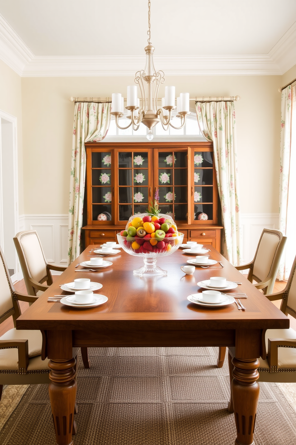 A bright and airy dining room featuring a large wooden table set for a spring gathering. In the center, an elegant bowl filled with vibrant seasonal fruits like strawberries, oranges, and kiwis serves as a stunning centerpiece. Soft pastel colors adorn the walls, complemented by floral-patterned curtains that gently frame the windows. Surrounding the table, stylish chairs with cushioned seats invite guests to enjoy the fresh ambiance of the season.