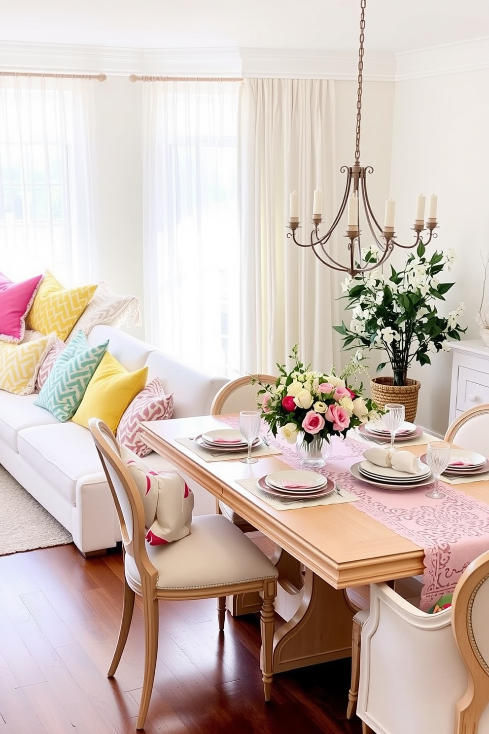 Bright throw pillows in various colors and patterns are scattered across a sleek white sofa, enhancing the comfort and vibrancy of the space. A light wooden dining table is adorned with a fresh floral centerpiece, surrounded by elegant chairs that invite guests to gather and enjoy meals together. Spring-inspired decor elements such as pastel-colored tableware and delicate lace table runners add a cheerful touch to the dining room. Soft natural light floods the area through sheer curtains, creating an inviting atmosphere perfect for spring gatherings.